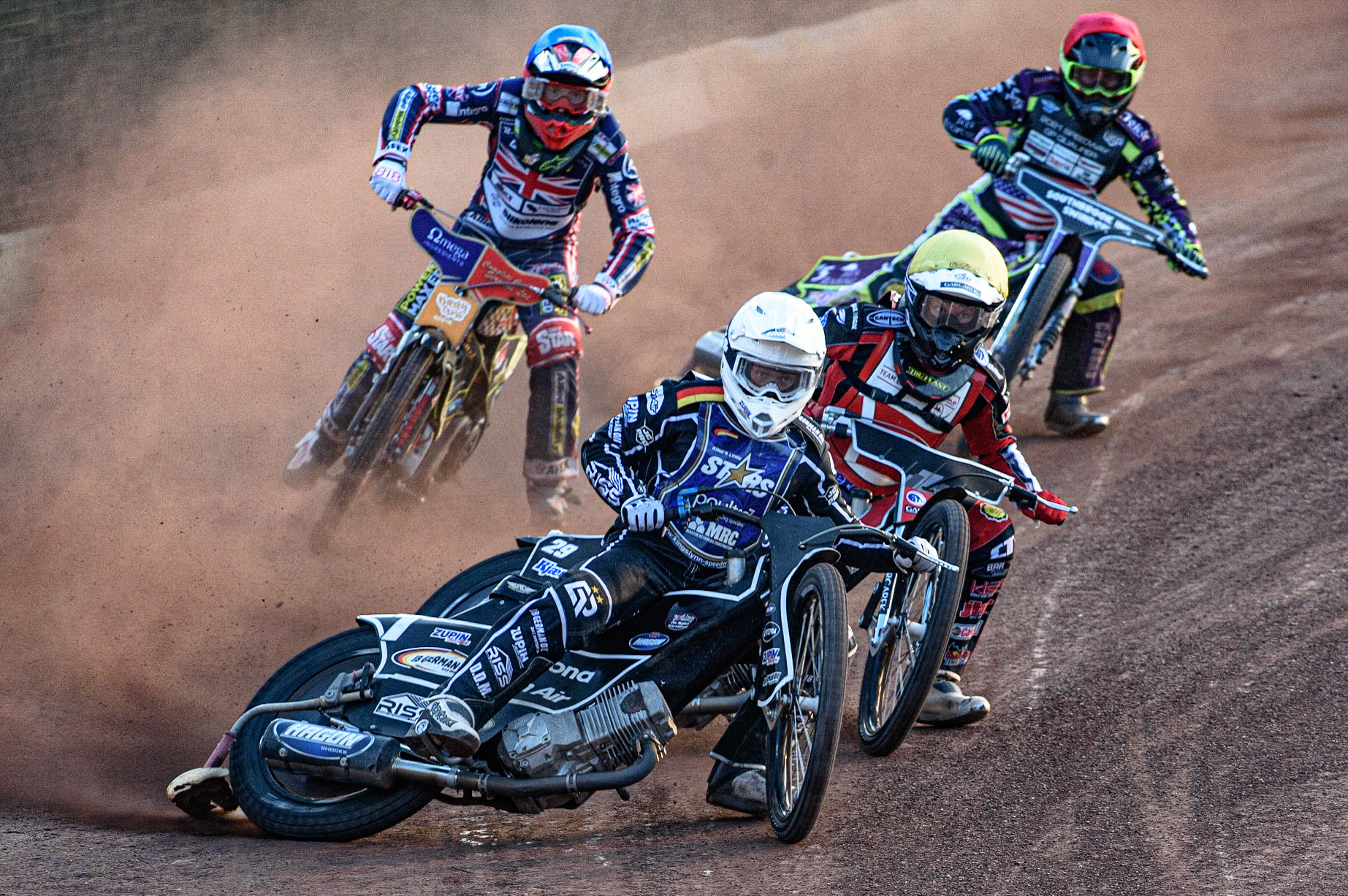 GLASGOW, UK. JUNE 19TH.  Erik Riss (Germany) (White) leads Nicolai Klindt (Denmark) (Yellow) Drew Kemp (Reserve) (Great Britain) (Blue) and Max Ruml (USA) (Red) during the FIM Speedway Grand Prix Qualifying Round at the Peugeot Ashfield Stadium, Glasgow on Saturday 19th June 2021. (Credit: Ian Charles | MI News)