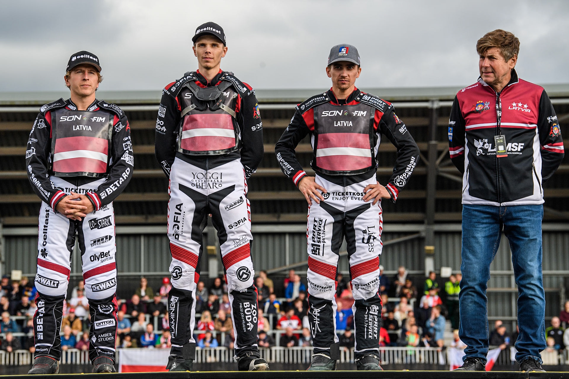 LATVIA: (L to R) Andzejs Lebedevs, Daniils Kolodinskis, Jevgenijs Kostigovs and Latvian Team Manager, Vladimir Ribnikovs during the Monster Energy FIM Speedway of Nation Final at the National Speedway Stadium, Manchester on Saturday 13th July 2024. (Photo: Ian Charles | MI News)