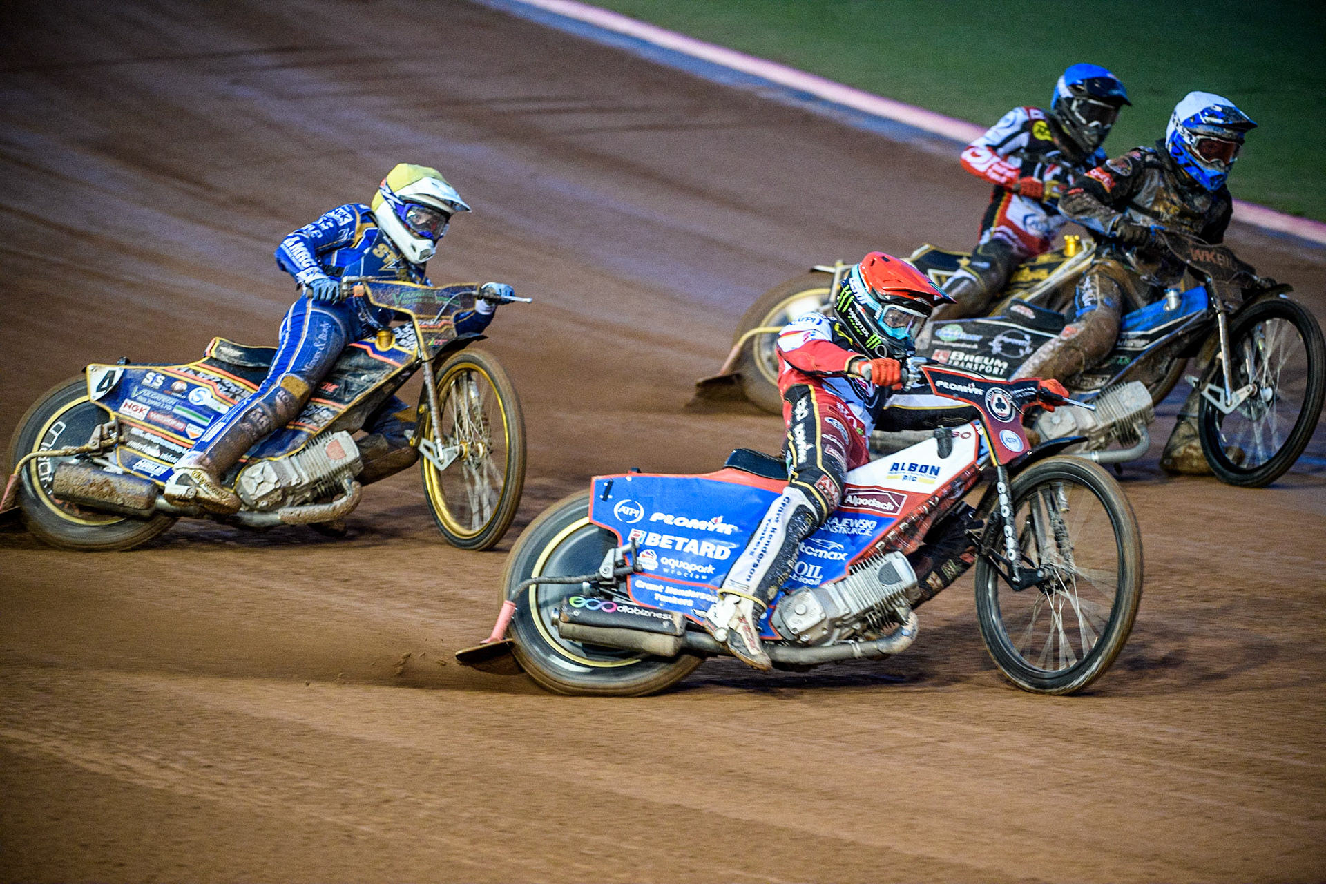 Jaimon Lidsey (Red) outside Emil Breum  (White) Norick Blodorn (Blue) with Connor Mountain (Yellow) behind during the Sports Insure Premiership match between Belle Vue Aces and King's Lynn Stars at the National Speedway Stadium, Manchester on Monday 21st August 2023. (Photo: Ian Charles | MI News)