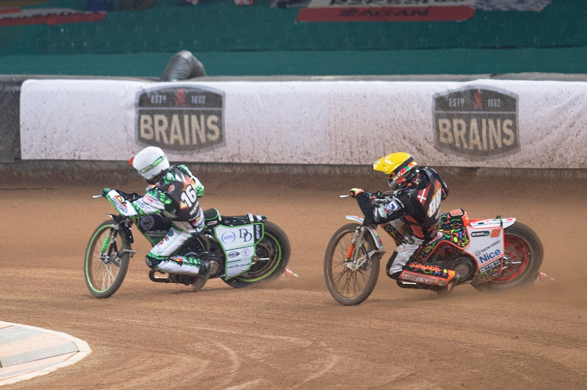 CARDIFF,WALES  Charles Wright (White) passes Niels-Kristian Iversen (Yellow)during the ADRIAN FLUX BRITISH FIM SPEEDWAY GRAND PRIX at the Principality Stadium, Cardiff on Saturday 21st September 2019. (Credit: Ian Charles | MI News)