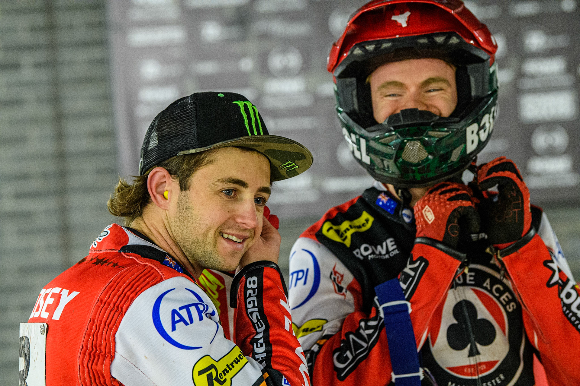Belle Vue Aces' Jaimon Lidsey (Left) and Belle Vue Aces' Brady Kurtz during the Rowe Motor Oil Premiership match between Belle Vue Aces and Oxford Spires at the National Speedway Stadium, Manchester on Monday 14th April 2025. (Photo: Ian Charles | MI News)