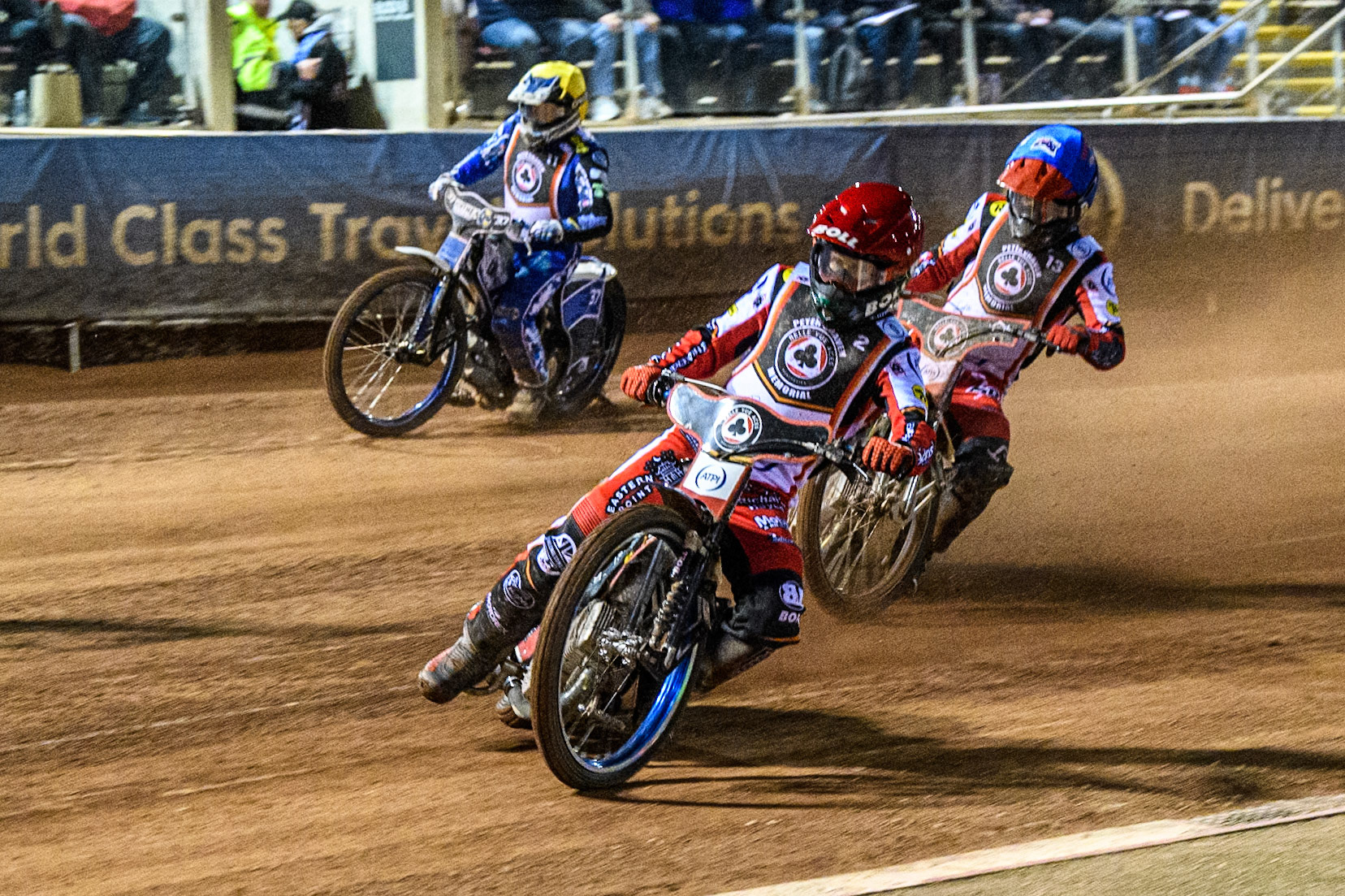 Brady Kurtz in Red leading Tate Zischke in Blue and Chris Harris in Yellow during the Peter Craven Memorial Trophy at the National Speedway Stadium, Manchester on Monday 17th March 2025. (Photo: Ian Charles | MI News)