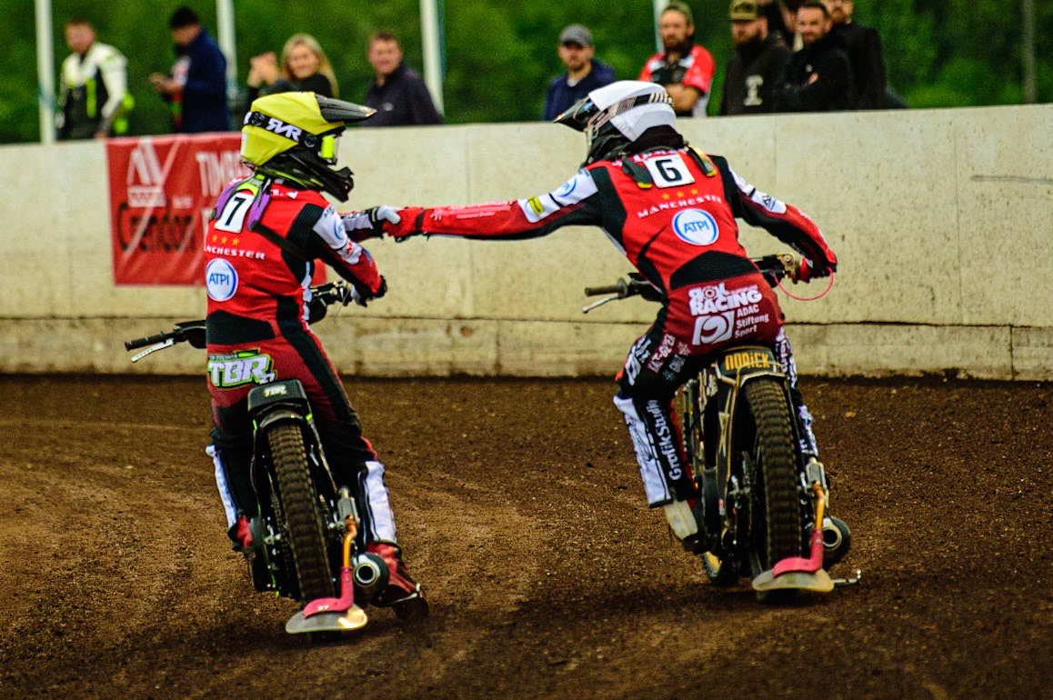 PETERBOROUGH, UK. MAY 9TH Tom Brennan  (Yellow) and Norick Blödorn  celebrate their win  during the SGB Premiership match between Peterborough Panthers and Belle Vue Aces at East of England Showground, Peterborough on Monday 9th May 2022. (Credit: Ian Charles | MI News)