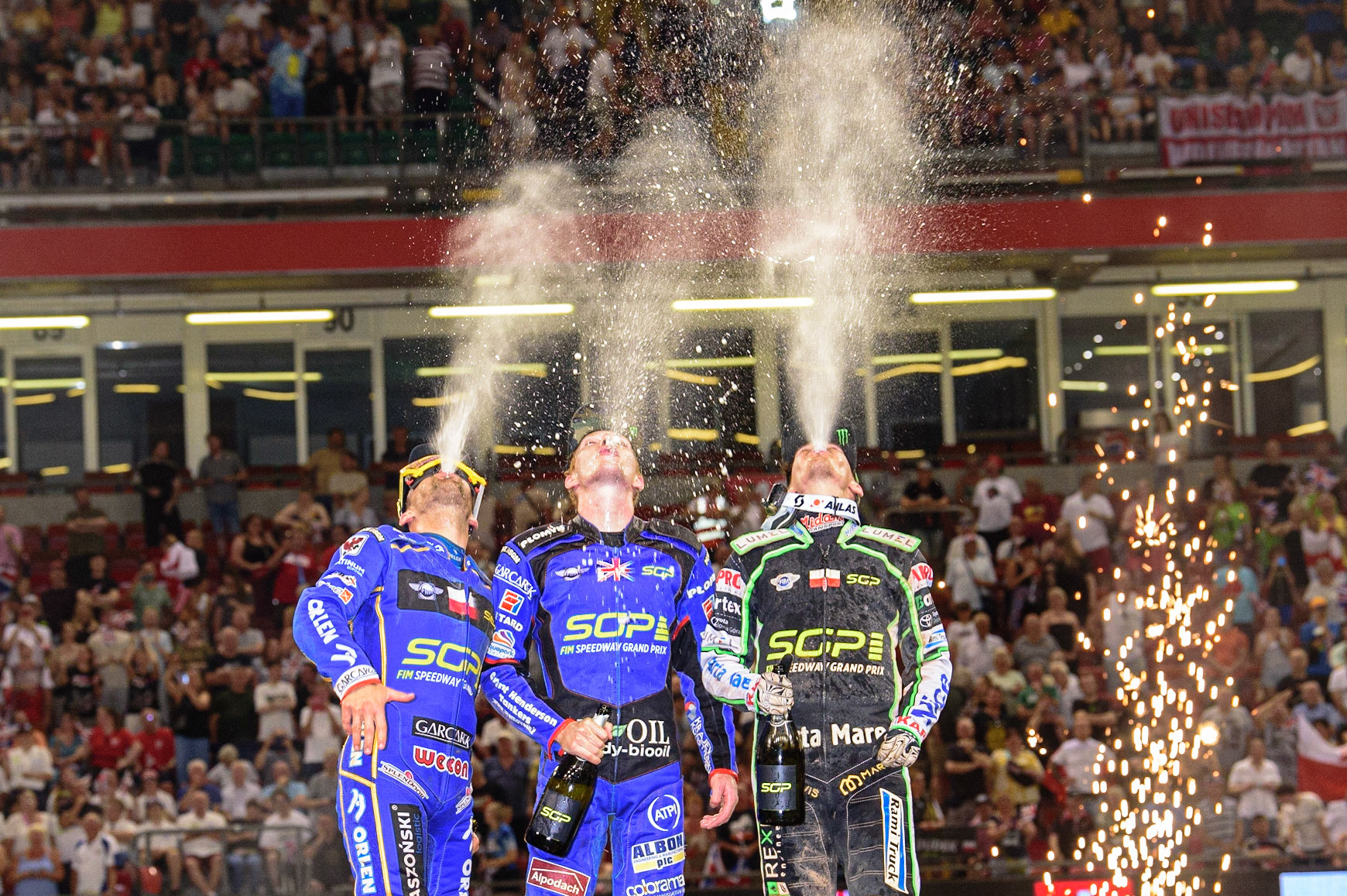 Champagne Capers on the Rostrum during the FIM  Speedway Grand Prix of Great Britain at the Principality Stadium, Cardiff on Saturday 13th August 2022. (Credit: Ian Charles | MI News