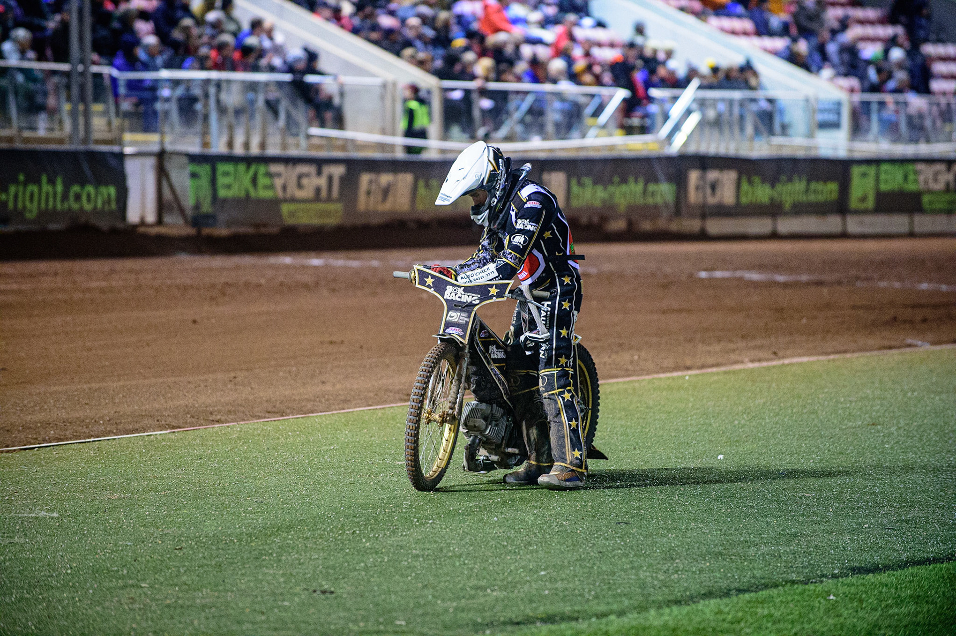 MANCHESTER, UK. OCT 23RD  Nick Blödorn  after his engine failure on the start line during the Peter Craven Memorial Trophy event at the National Speedway Stadium, Manchester on Saturday 23rd October 2021. (Credit: Ian Charles | MI News)