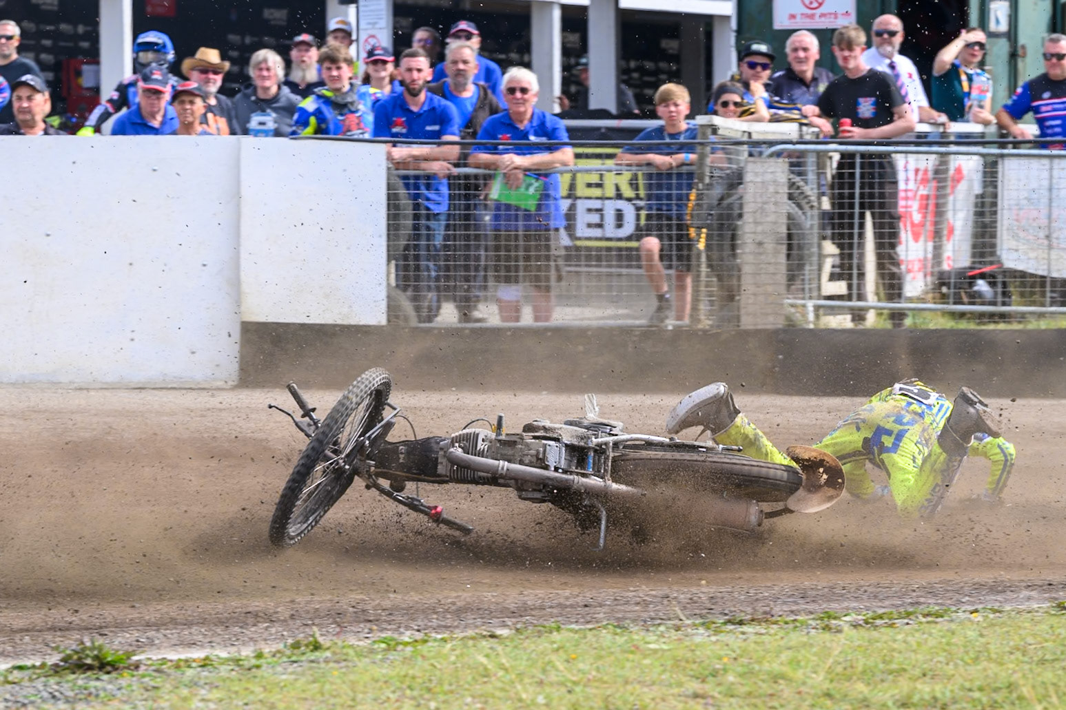 In the re-run of Heat 5, Darryl Ritchings of Oxford Chargers  falls again during the WSRA National Development League match between Buxton Bulls and Oxford Chargers at Hi-Edge Speedway, Buxton on Sunday 2nd August 2026. (Photo: Ian Charles | MI News)
