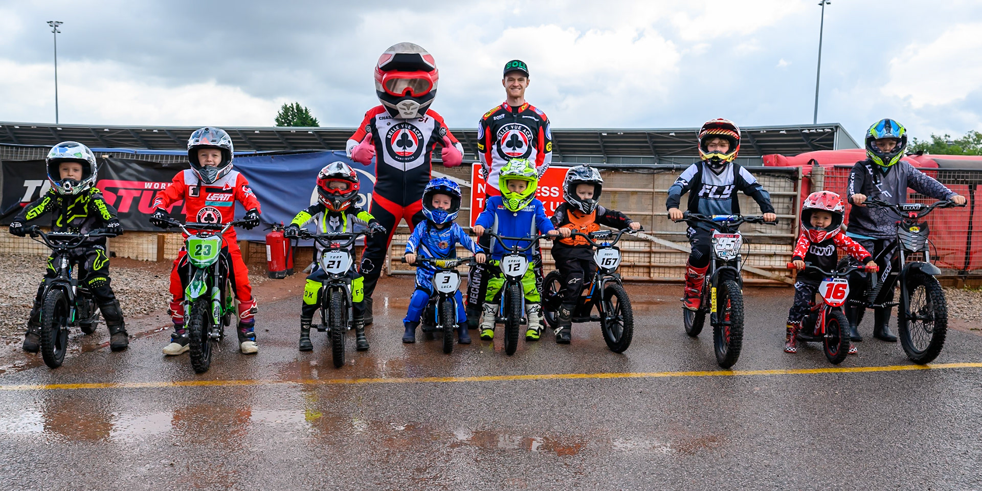 The Revi Mini Speedway Grand Prix Riders with Belle Vue Mascot Chase The Aces (Left)  and Brady Kurtz of Belle Vue Aces during the Rowe Motor Oil Premiership match between Belle Vue Aces and Sheffield Tigers at the National Speedway Stadium, Manchester on Monday 31st August 2026. (Photo: Ian Charles | MI News)