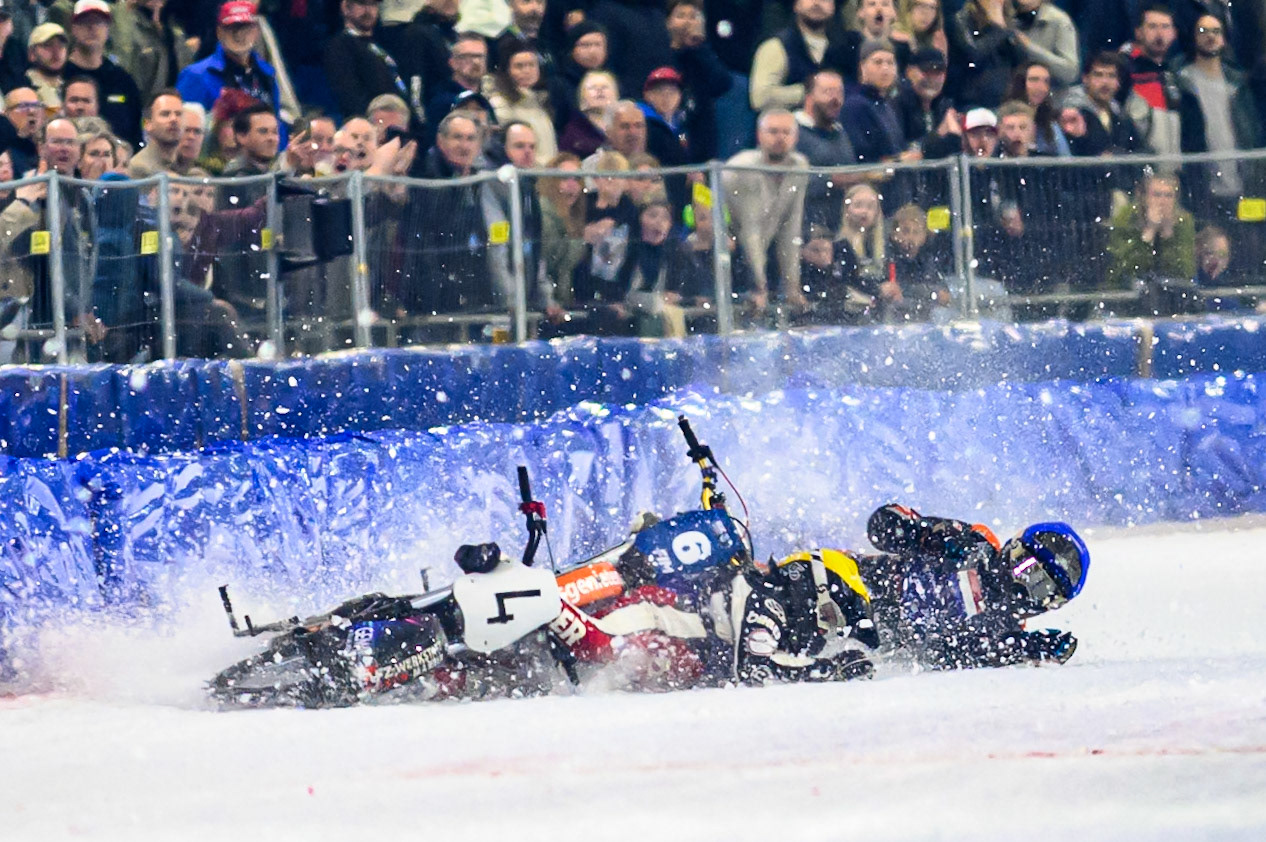 Martin Posch (4) of Austria  falls in the path of Sebastian Reitsma (6) of The Netherlands  who was unable to avoid crashing into him and his bike during the FIM Ice Speedway Of Nations at Ice Rink Thialf, Heerenveen on Sunday 12th April 2026. (Photo: Ian Charles | MI News)