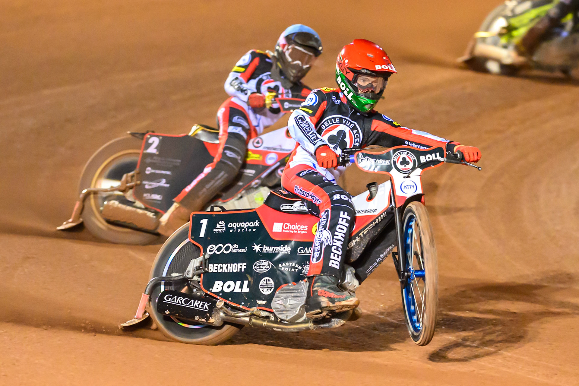 Brady Kurtz of Belle Vue Aces in Red leading team mate Norick Blödorn of Belle Vue Aces in Blue during the Rowe Motor Oil Premiership Play Off Semi Final 2nd leg match between Belle Vue Aces and Ipswich Witches at the National Speedway Stadium, Manchester on Monday 28th September 2026. (Photo: Ian Charles | MI News)