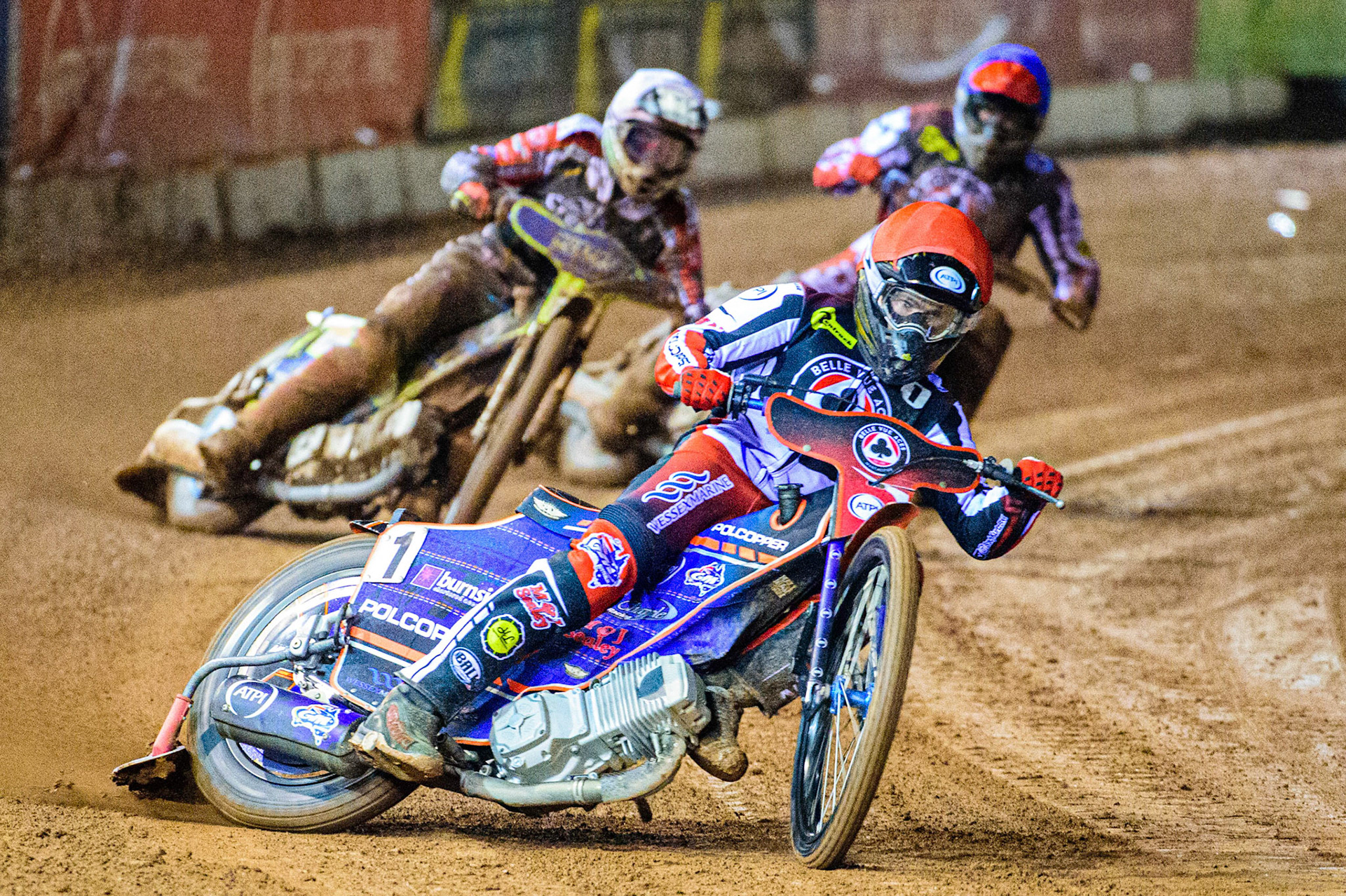 Brady Kurtz (Red) leads Chris Harris (White) and Matej Zagar (Blue) during the Grant Henderson Pairs at the National Speedway Stadium, Manchester on Thursday 27th October 2022. (Credit: Ian Charles | MI NEWS)