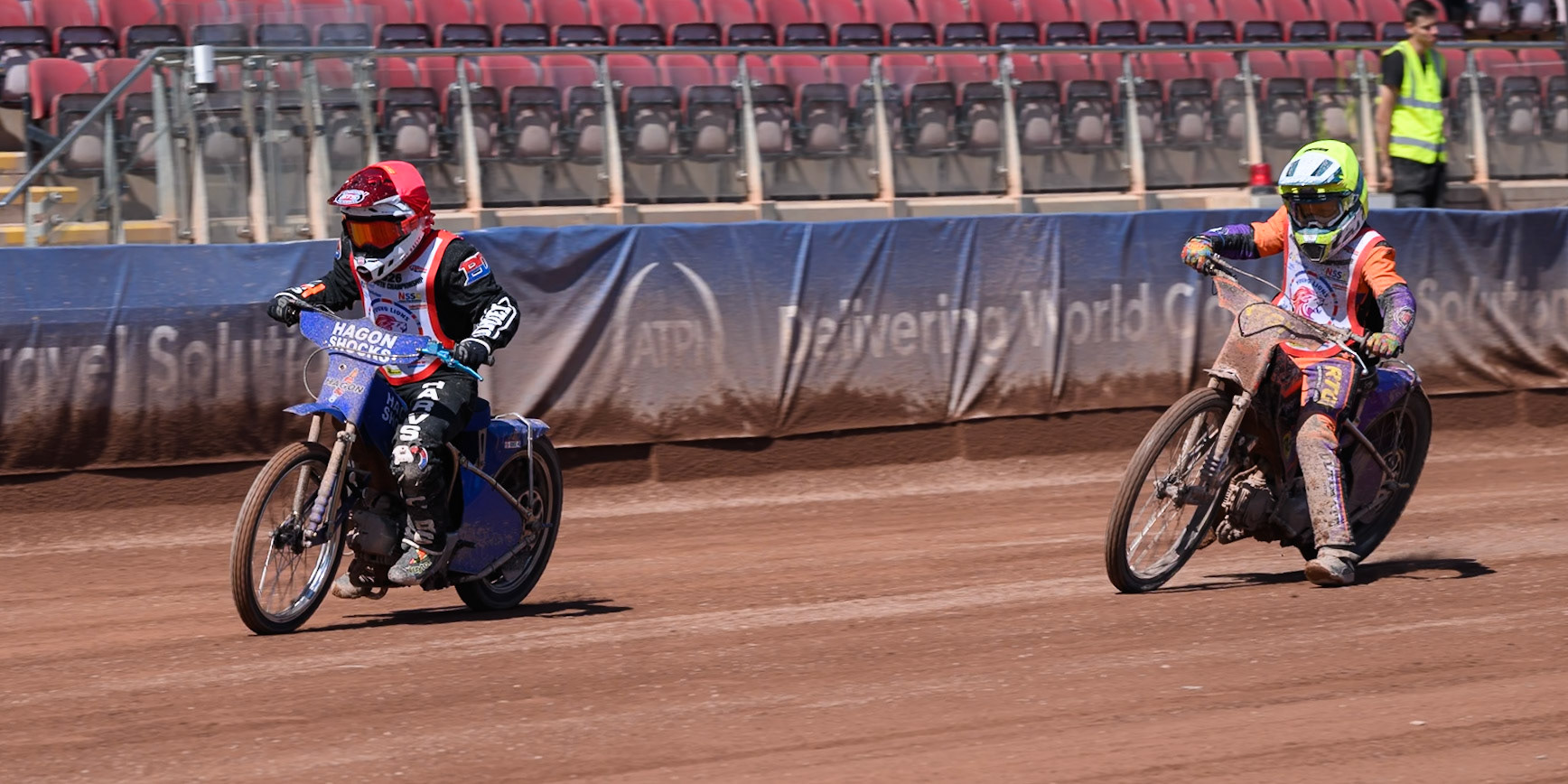 125cc SUPPORT CLASS FINAL: Jenson Braithwaite (16) in Red  leading  Seb Kelly (57) in Yellow  during the British Youth Championship (125cc) at the National Speedway Stadium, Manchester on Sunday 19th July 2026. (Photo: Ian Charles | MI News)