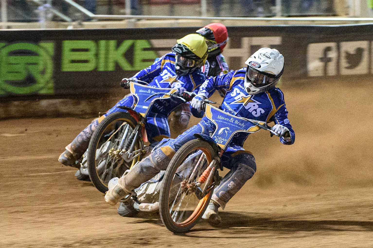 MANCHESTER, UK. SEPT 13TH  Lewis Kerr  (White) inside Connor Mountain  (Yellow) and Charles Wright  (Red) during the SGB Premiership match between Belle Vue Aces and King's Lynn Stars at the National Speedway Stadium, Manchester on Monday 13th September 2021. (Credit: Ian Charles | MI News)