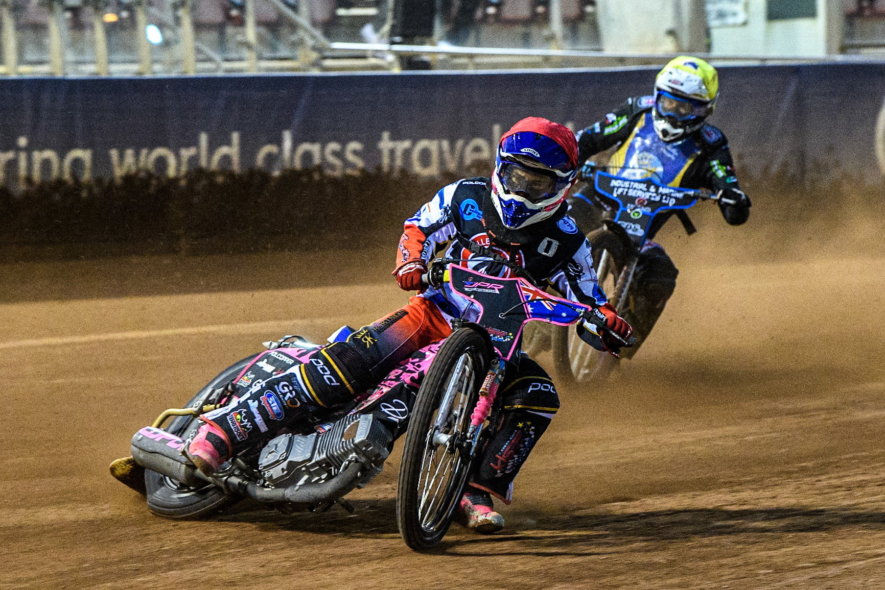 James Pearson (Red) leads Max Clegg (Yellow) during the National Development League match between Belle Vue Colts and Edinburgh Monarchs Academy at the National Speedway Stadium, Manchester on Friday 21st July 2023. (Photo: Ian Charles | MI News)