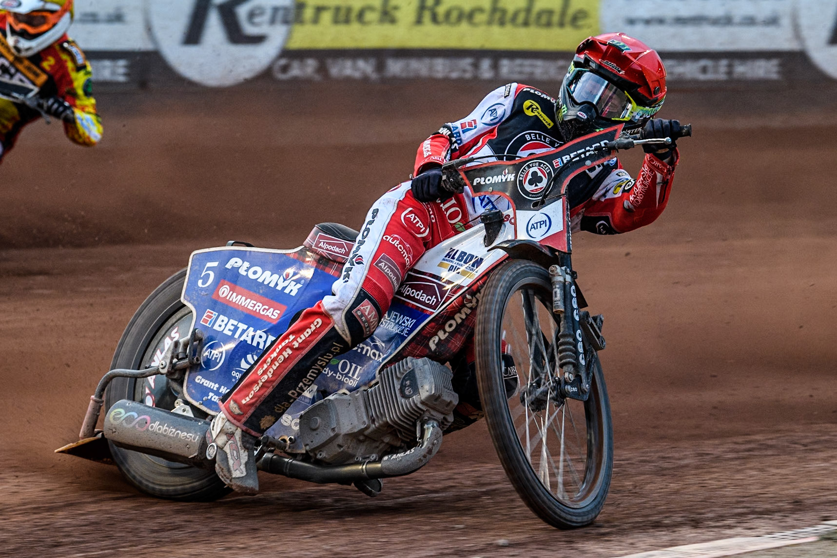Belle Vue Aces' Dan Bewley locks up during the Rowe Motor Oil Premiership match between Belle Vue Aces and Leicester Lions at the National Speedway Stadium, Manchester on Monday 24th June 2024. (Photo: Ian Charles | MI News)