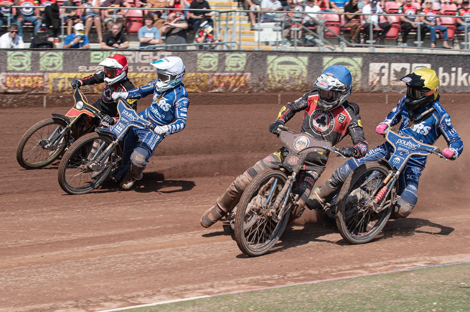 Photo: Ian Charles

Steve Worrall  (Blue) leads Thomas Jorgensen (Yellow) with Erik Riss  (White) and Max Fricke  (Red) on the outside

Belle Vue Aces v Kings Lynn Stars, British Speedway Premiership, Belle Vue National Speedway Stadium, Manchester, Monday 26  August  2019