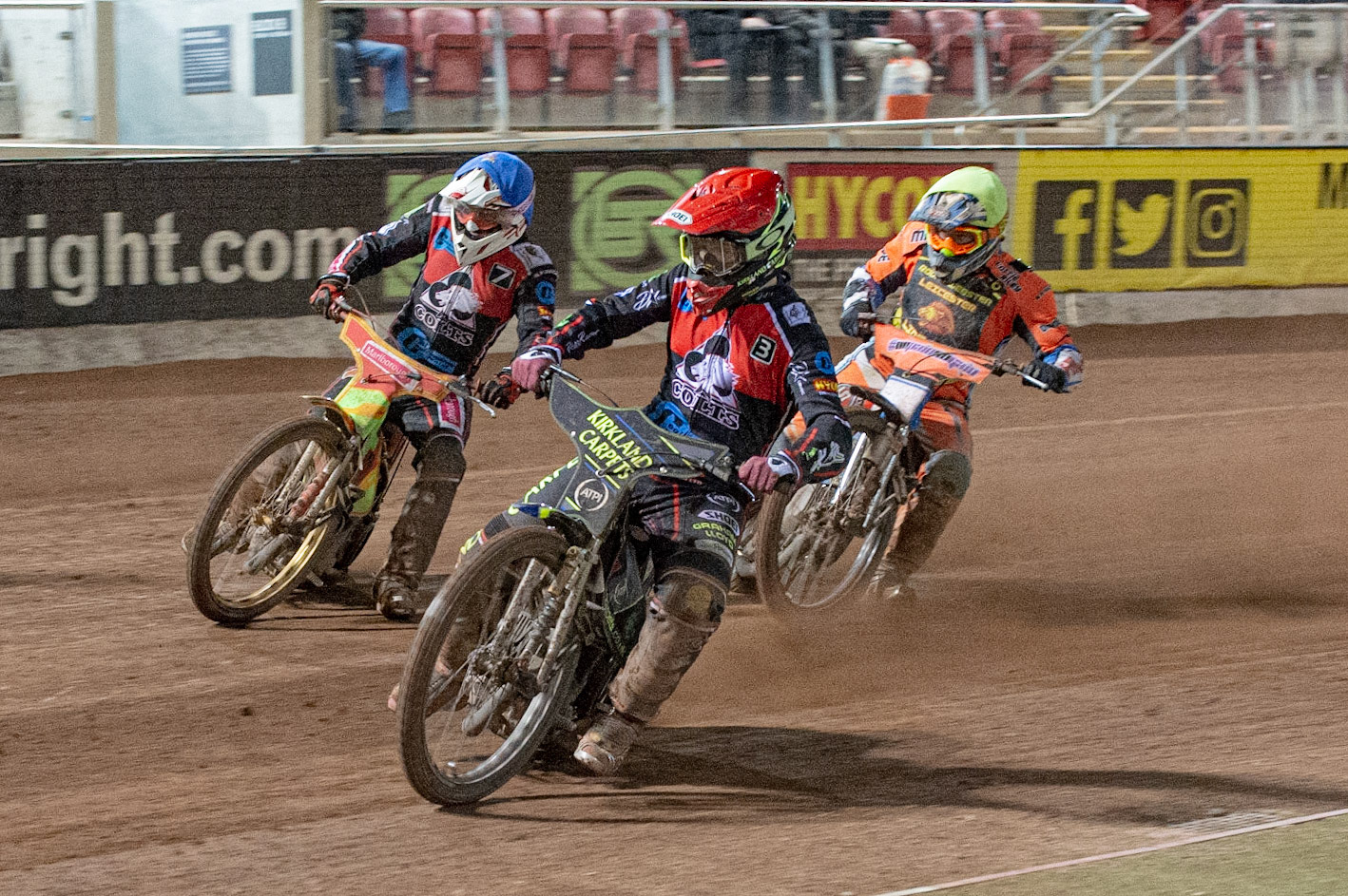 Photo: Ian Charles

Kyle Bickley   (Red) leads Ben Woodhull  (Blue) and Josh Embleton  (Yellow)

Belle Vue Colts v Leicester Lion Cubs, SGB National League KO Cup Final (2nd Leg), Belle Vue National Speedway Stadium, Manchester, Tuesday 29  October  2019