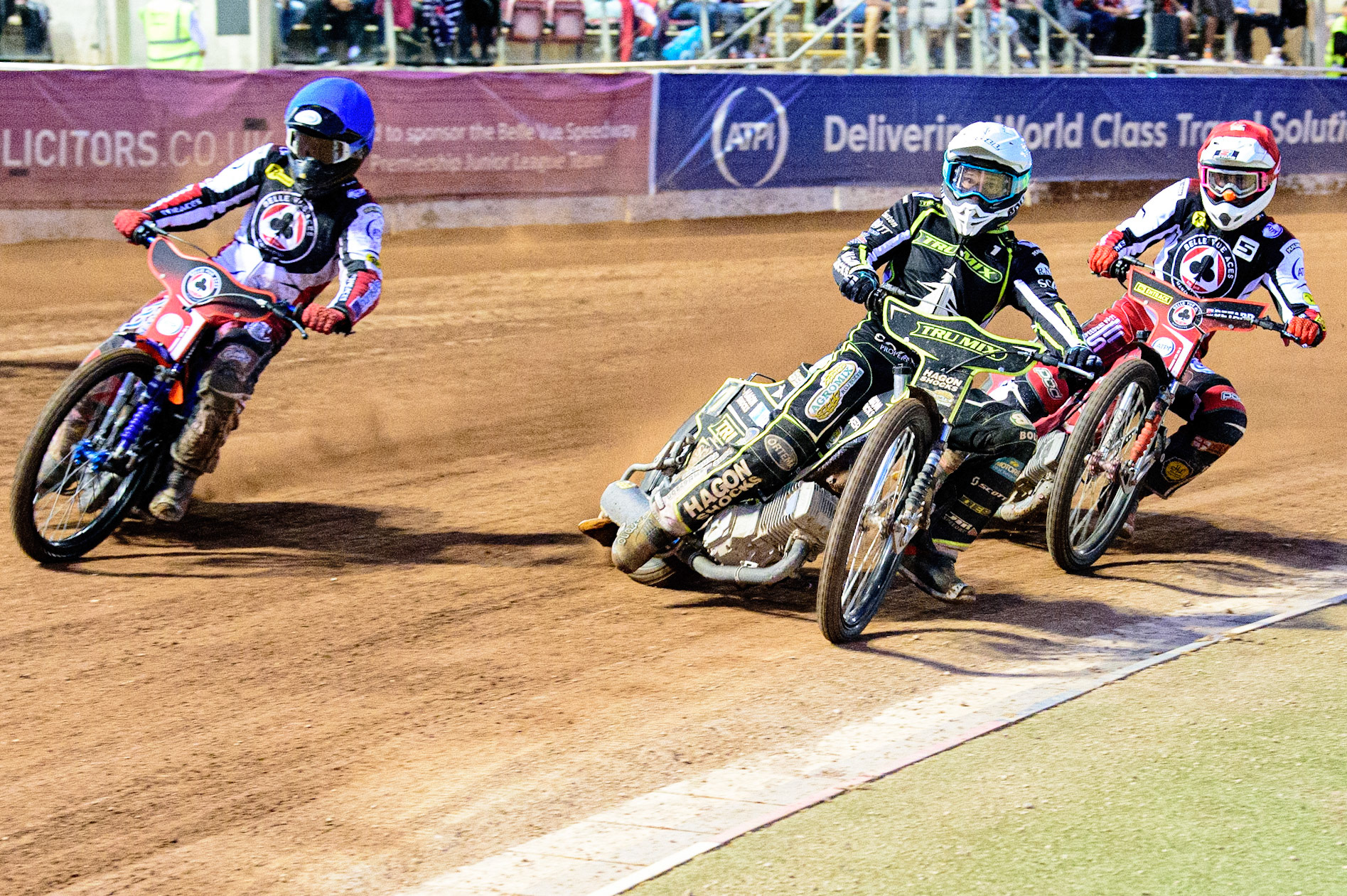 Brady Kurtz  (Blue) outside Jason Doyle  (White) and Max Fricke  (Red) during the SGB Premiership match between Belle Vue Aces and Ipswich Witches at the National Speedway Stadium, Manchester on Monday 8th August 2022. (Credit: Ian Charles | MI News)