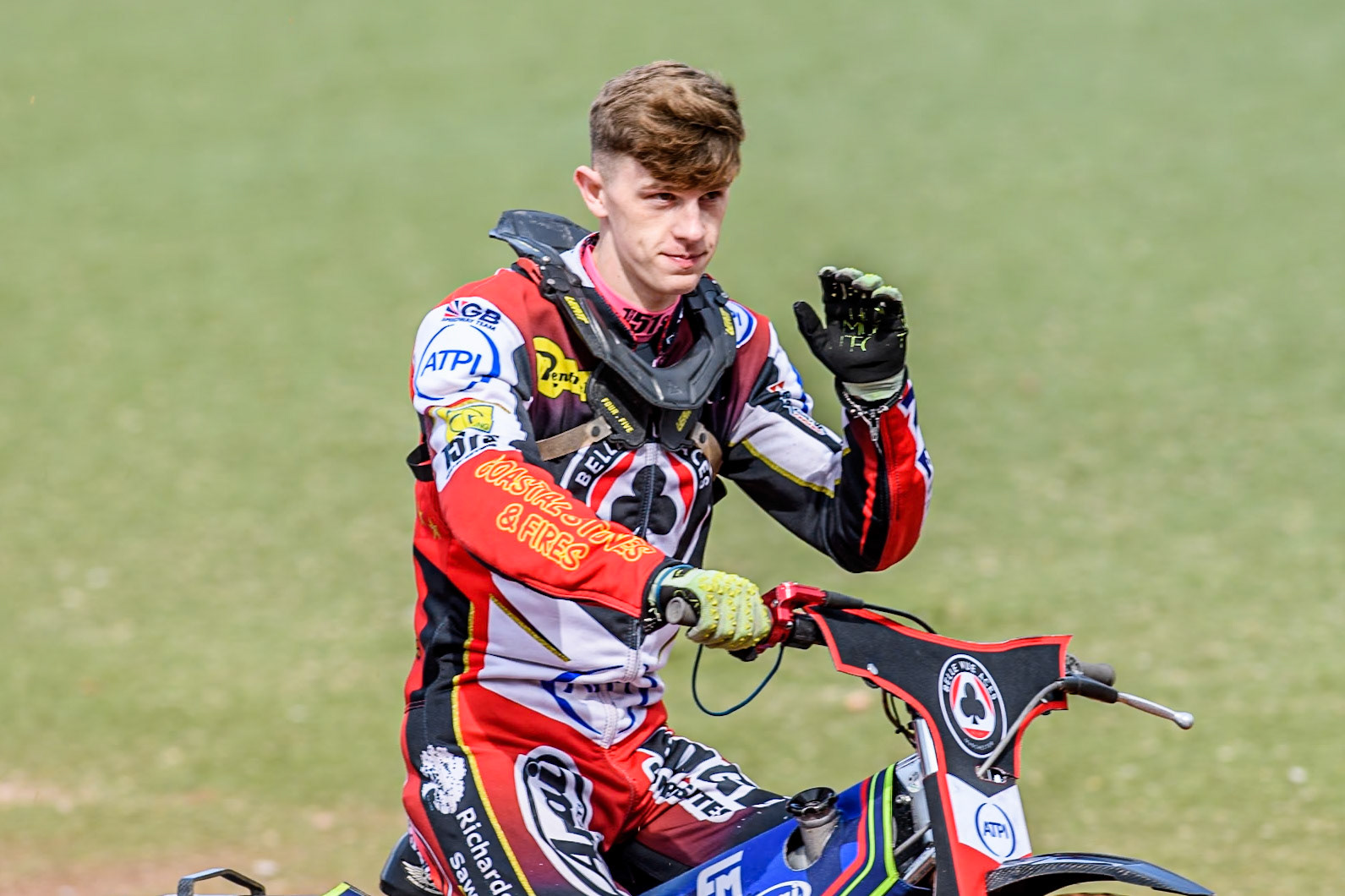 Belle Vue Aces' Jake Mulford on the parade lap during the Rowe Motor Oil Premiership match between Belle Vue Aces and Sheffield Tigers at the National Speedway Stadium, Manchester on Monday 26th August 2024. (Photo: Ian Charles | MI News)