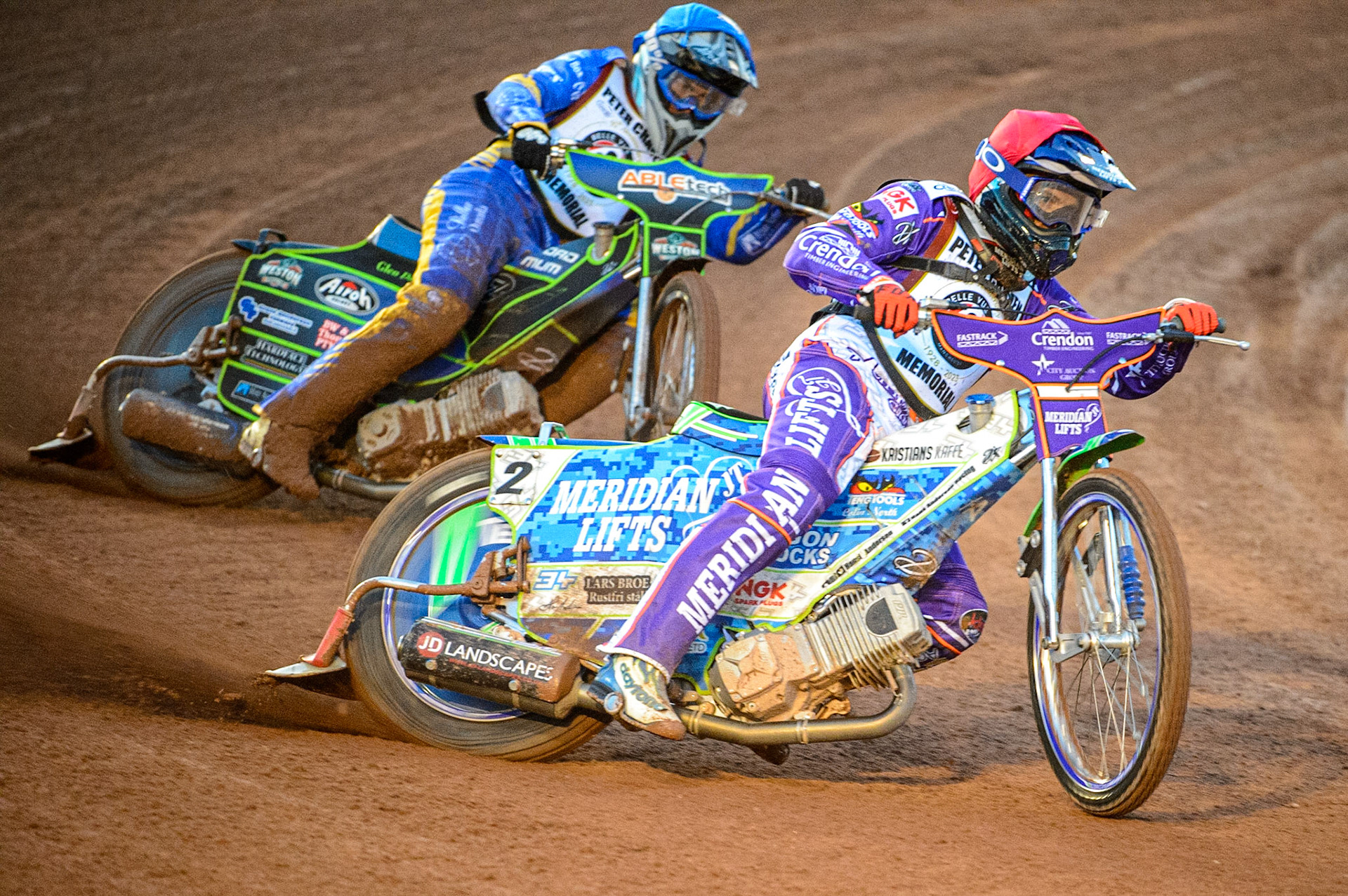 Hans Andersen  (Red) leads Kye Thompson  (Blue) during the Peter Craven Memorial Trophy  at the National Speedway Stadium, Manchester on Monday 3rd April 2023. (Photo: Ian Charles | MI News)