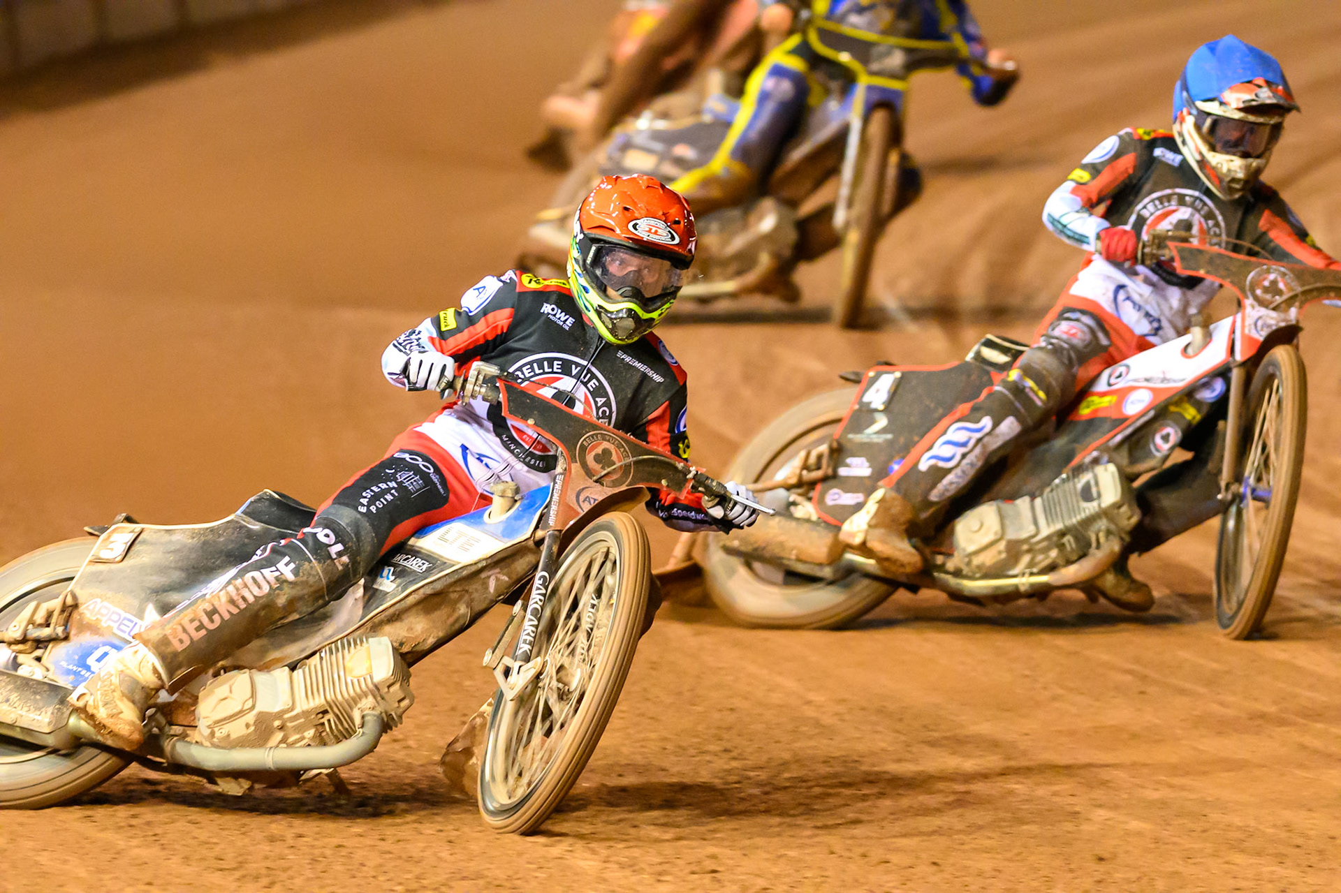 Nicolai Klindt, Guest Rider for Belle Vue Aces on the outside of Zach Cook of Belle Vue Aces in Blue during the Rowe Motor Oil Premiership Grand Final 2nd Leg between Belle Vue Aces and Sheffield Tigers at the National Speedway Stadium, Manchester on Friday 16th October 2026. (Photo: Ian Charles | MI News)