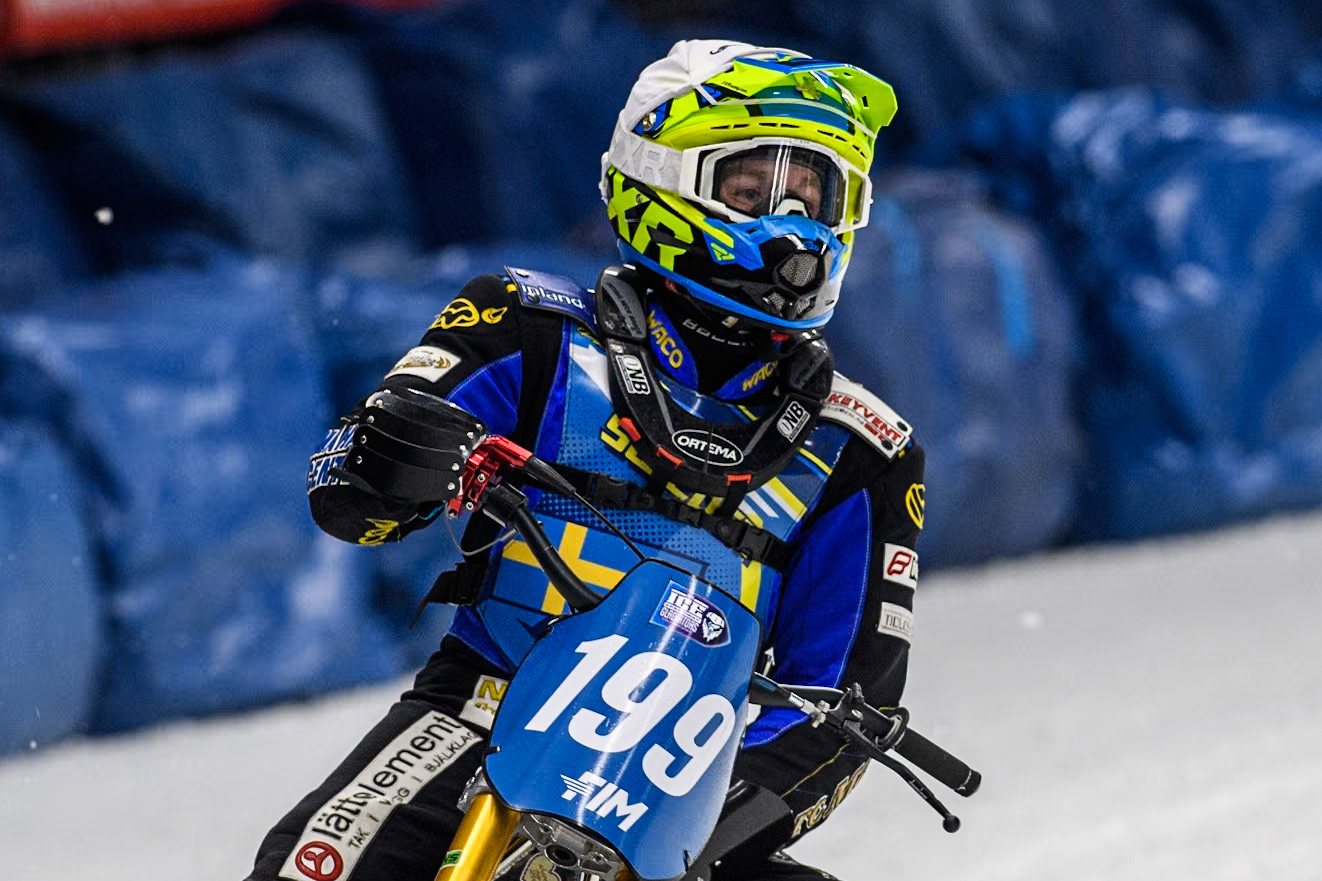 Sweden's Martin Haarahiltunen (199)  during the FIM Ice Speedway Gladiators World Championship Final 1 at the Max-Aicher-Arena, Inzell on Saturday 23 March 2024. (Photo: Ian Charles | MI News)