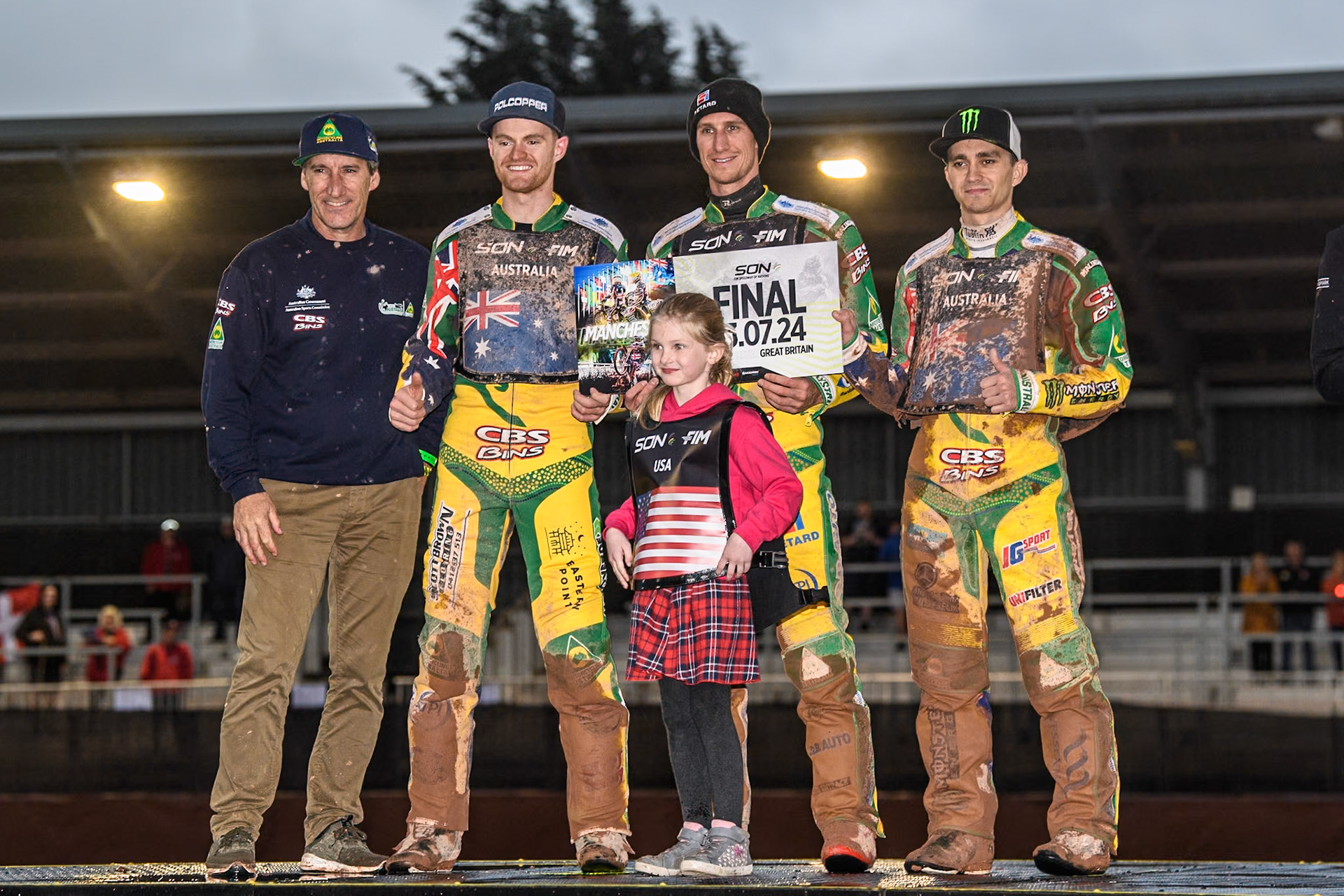Australia - 2nd place: (L to R) Team manager, Mark Lemon, Brady Kurtz, Max Fricke (Captain) and Jack Holder during the Monster Energy FIM Speedway of Nation Semi Final 2 at the National Speedway Stadium, Manchester on Wednesday 10th July 2024. (Photo: Ian Charles | MI News)