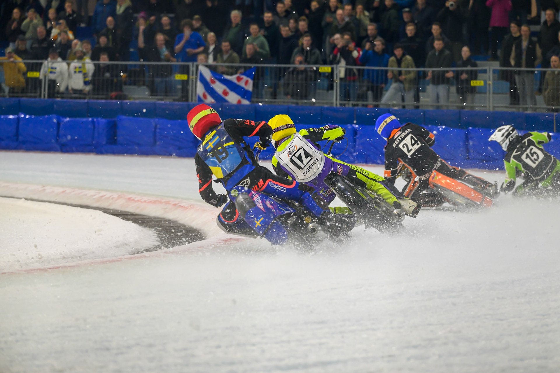 Melwin Björklin of Sweden  in Red chases Paul Cooper of Great Britain in Yellow, Sebastian Reitsma of The Netherlands  in Blue and Arttu Lehtinen of Finland  in Whiteduring the ROELOF THIJS BOKAAL at Ice Rink Thialf, Heerenveen on Friday 10th April 2026.  (Photo: Ian Charles | MI News)