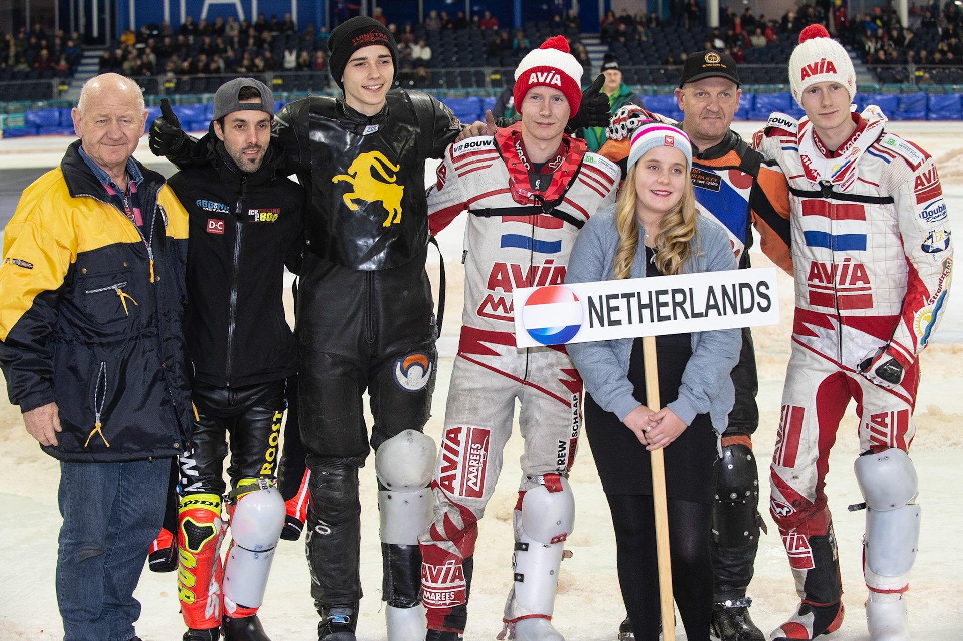 Photo: Ian Charles

The Dutch riders (l-r): Roelof This (former rider and meeting sponsor) Jasper Iwema, Jimmy Tuinstra, Niek Schaap, Simon Reitsma, Bart Schaap

Roelof Thijs Bokaal, Ice Rink Thialf, Heerenveen, Netherlands Friday  29  March  2019