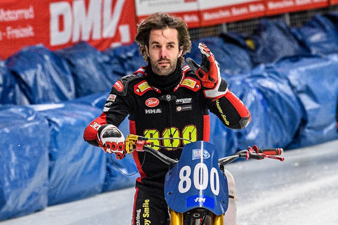 Netherlands' Jasper Iwema (800) during the FIM Ice Speedway Gladiators World Championship Final 1 at the Max-Aicher-Arena, Inzell on Saturday 23 March 2024. (Photo: Ian Charles | MI News)
