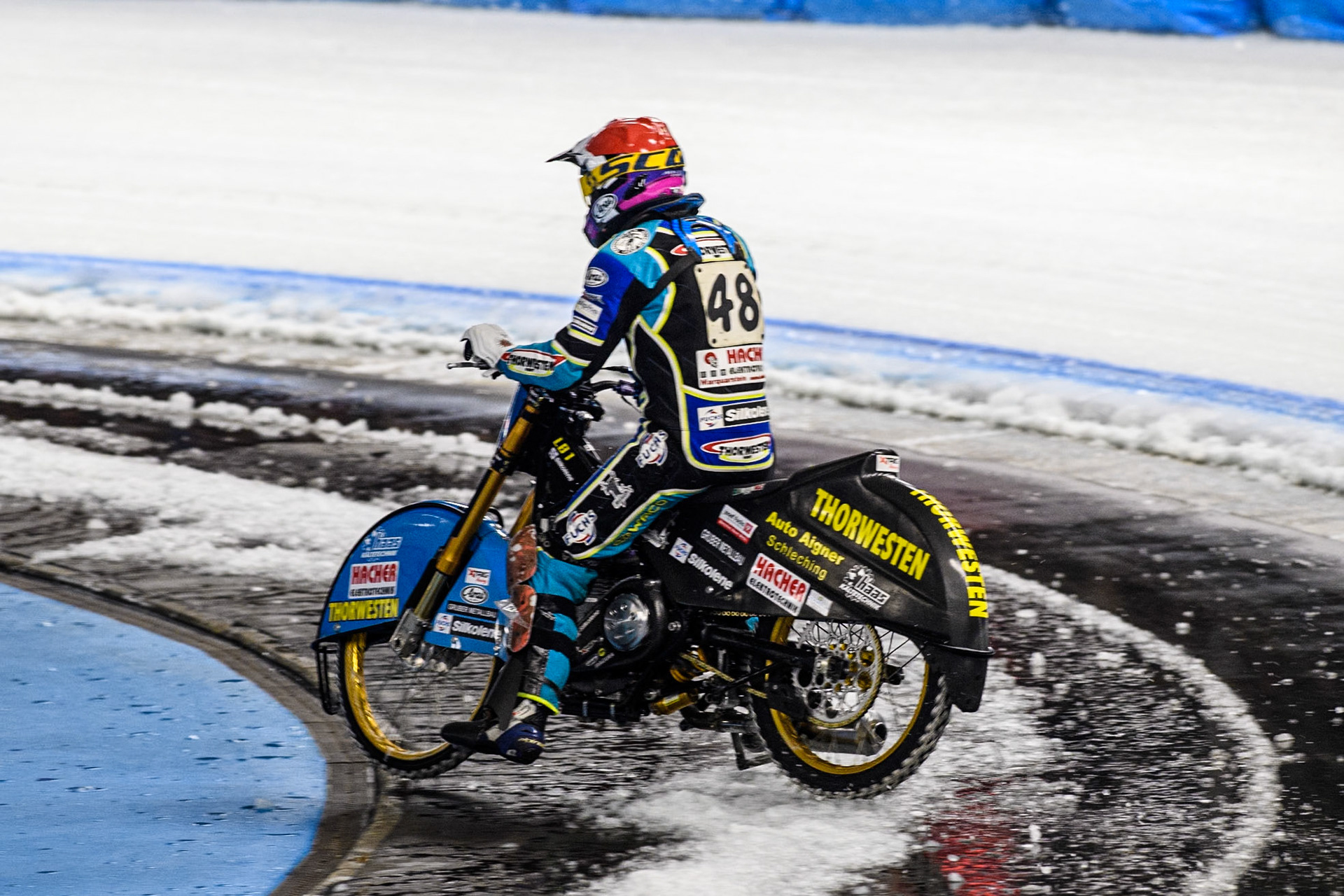 Luca Bauer (48) of Germany spins and leaves the track during the Ice Speedway Gladiators World Championship Final 1 at Max-Aicher-Arena, Inzell on Saturday 15th March 2025. (Photo: Ian Charles | MI News)