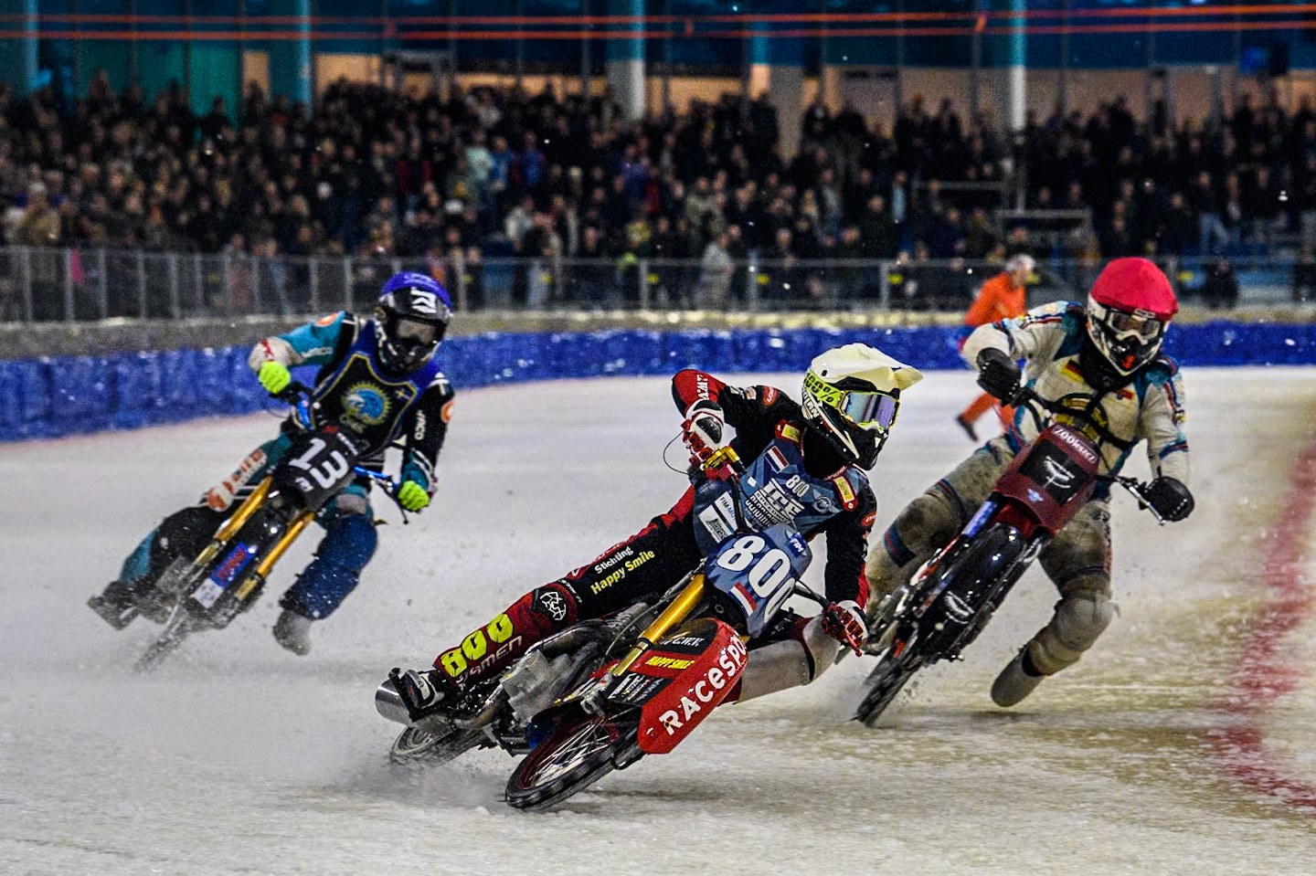 Jasper Iwema of The Netherlands in White leading Marc Geyer of Germany in Red and Filip Jäger of Sweden in Blue during the Roelof Thijs Bokaal at Ice Rink Thialf, Heerenveen, The Netherlands on Friday 5th April 2024. (Photo: Ian Charles | MI News)