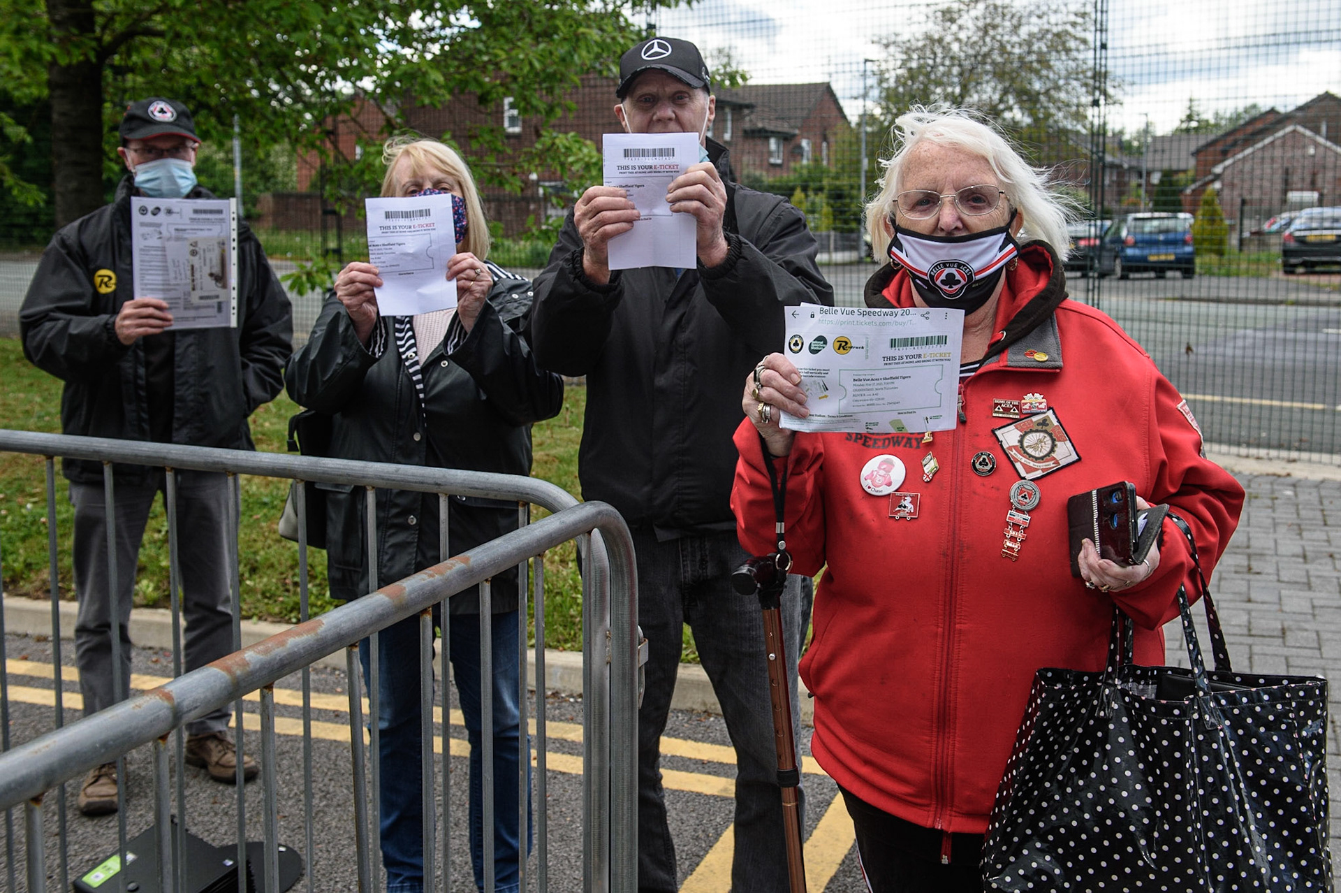 MANCHESTER, UK. MAY 17THThe first fans in the queue to get into Belle Vue Speedway for the first meeting in 18 months during the SGB Premiership match between Belle Vue Aces and Sheffield Tigers at the National Speedway Stadium, Manchester on Monday 17th May 2021. (Credit: Ian Charles | MI News)