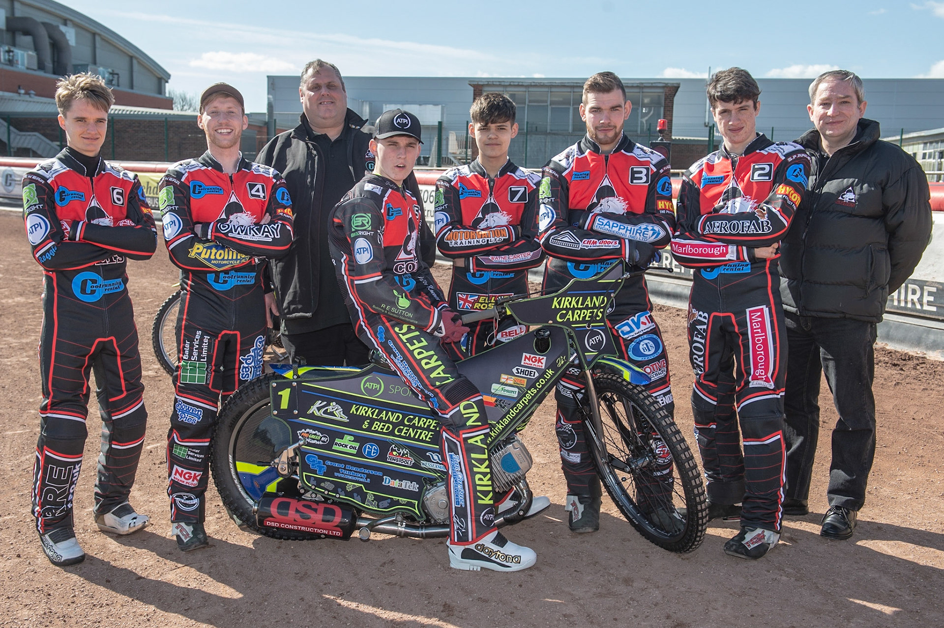 Photo by Ian Charles:

Belle Vue Colts:
(l-r) Ben Rathbone, Paul Bowen, Steve Williams (c0-manager),Kyle Bickley, Jordan Palin, Danny Phillips, Ben Woodhull, Graham Goodwin (C0-Manager)

Belle Vue Speedway Press & Practice Day, National Speedway Stadium, Manchester, Monday, 25, March, 2019