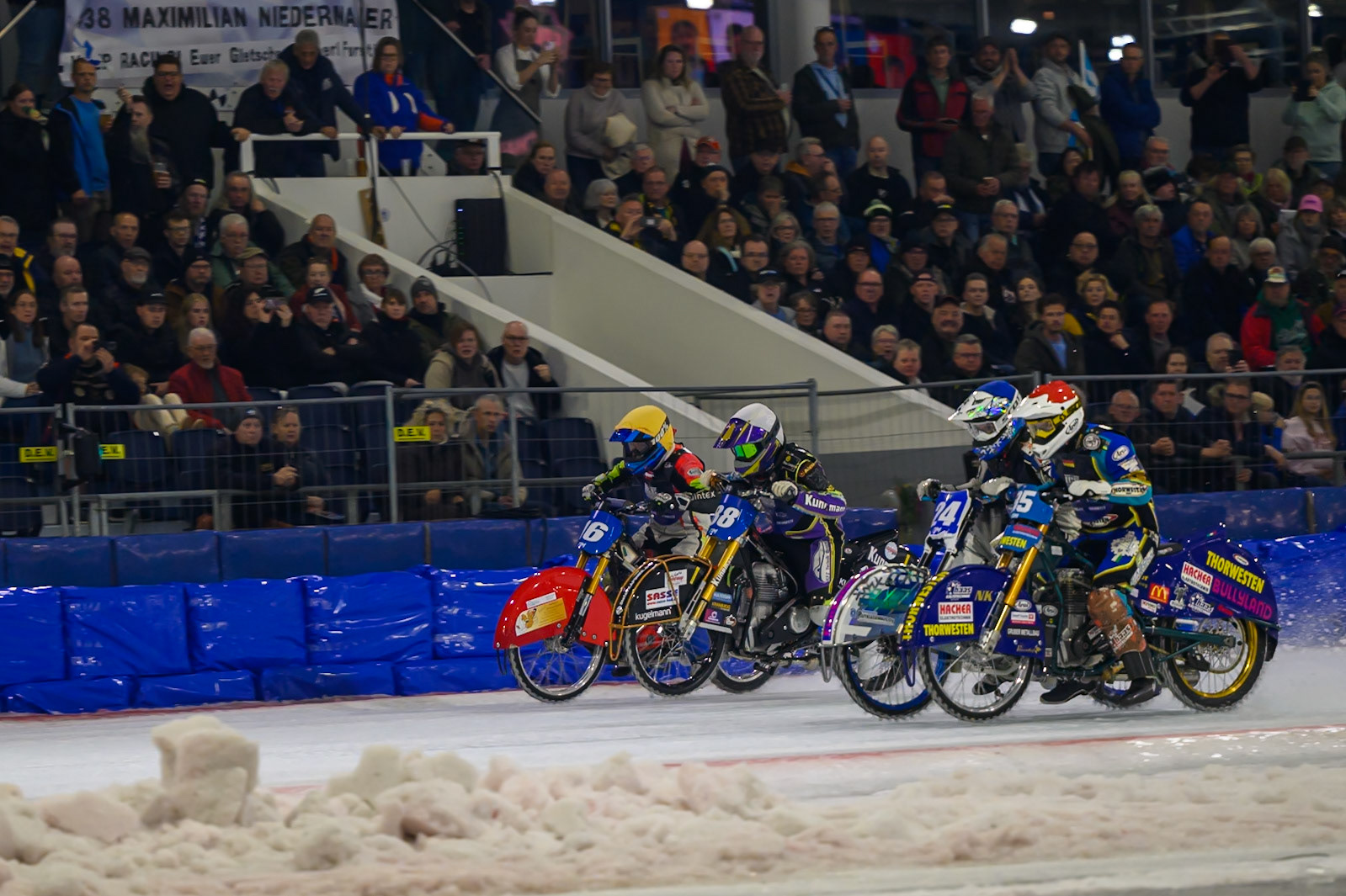 Last Chance Race: (L to R) Wild Card Harald Simon (16) of Austria  in Yellow, Max Niedermaier (88) of Germany  in White, Max Koivula (24) of Finland  in Blue and Luca Bauer (85) of Italy/Germany  in Red during the FIM Ice Speedway Gladiators World Championship Final 3 at Ice Rink Thialf, Heerenveen on Saturday 11th April 2026. (Photo: Ian Charles | MI News)
