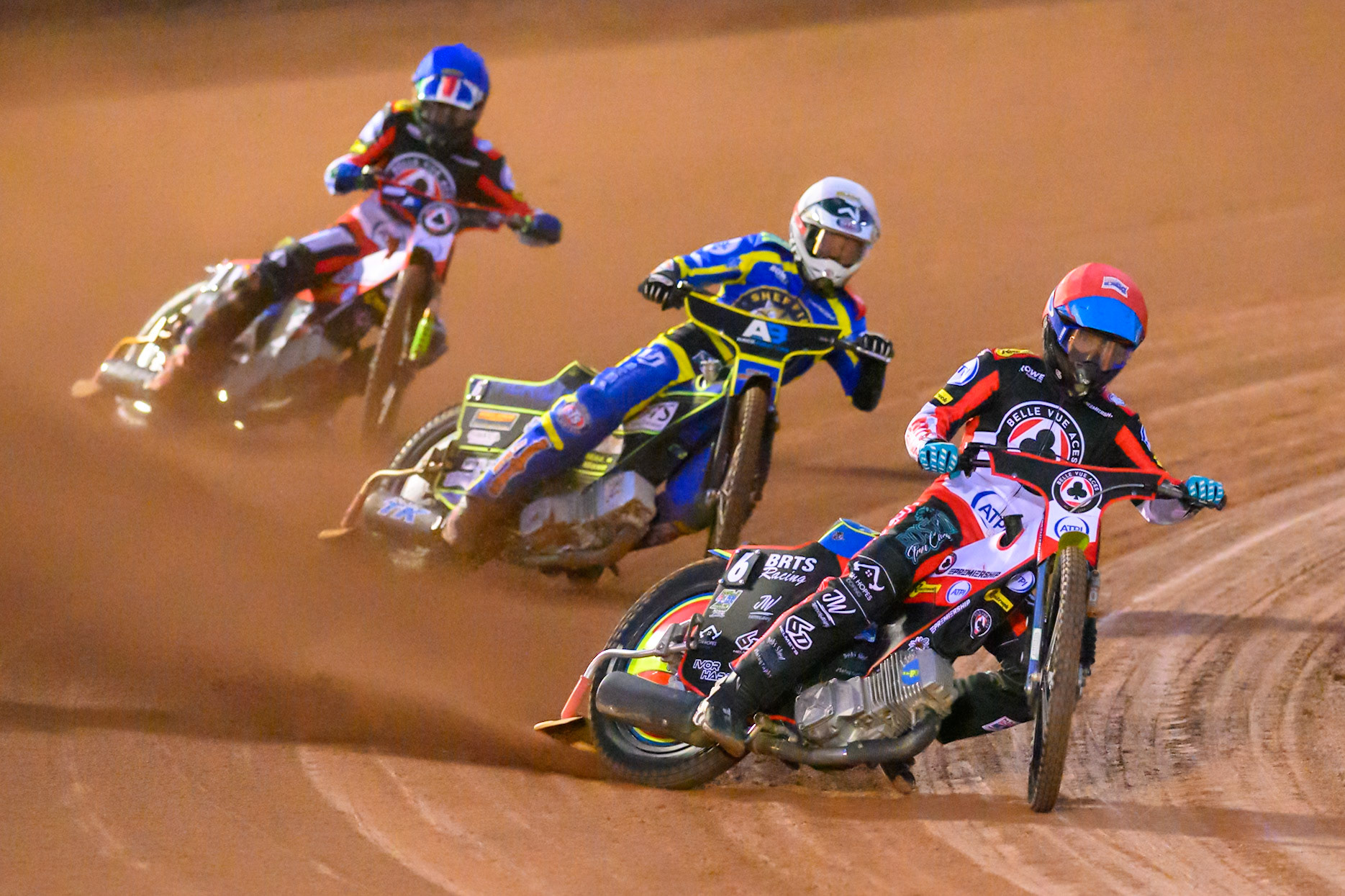 Tate Zischke of Belle Vue Aces   in Red leading Jye Etheridge of Sheffield Tigers    in White and William Cairns of Belle Vue Aces  in Blue during the Knockout Cup, Northern Section match between Belle Vue Aces and Sheffield Tigers at the National Speedway Stadium, Manchester on Monday 30th March 2026. (Photo: Ian Charles | MI News)