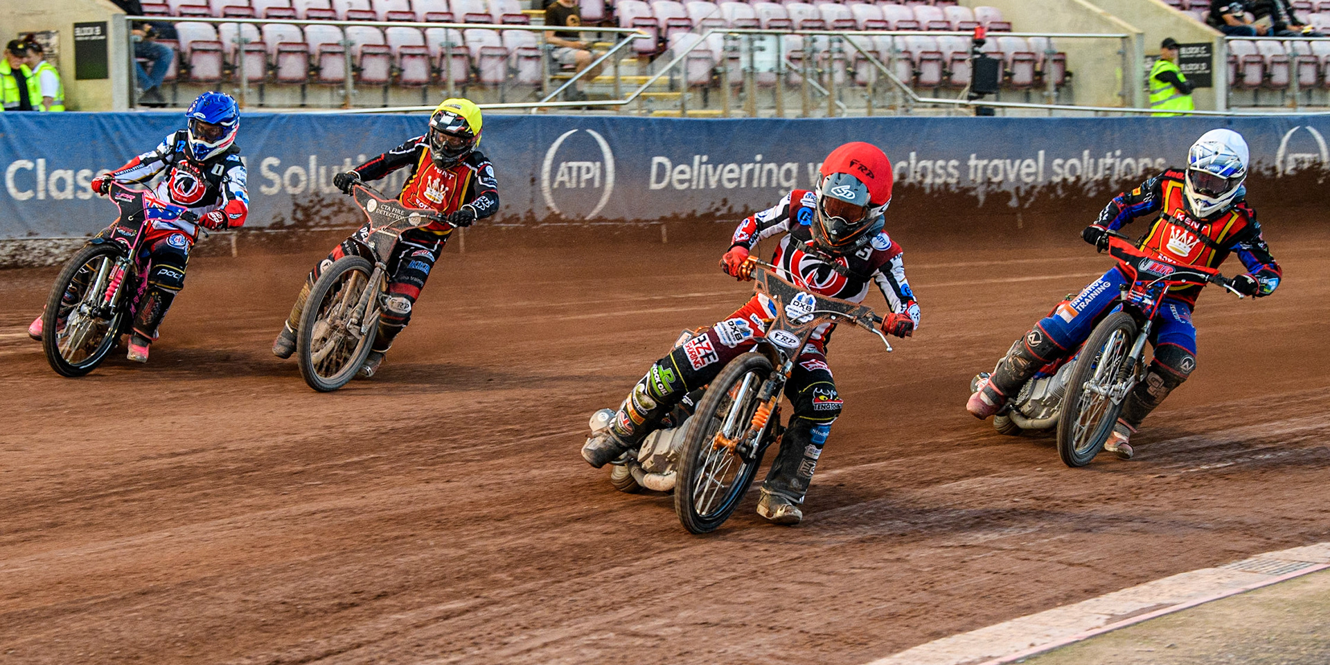 Jack Smith (Red) leads James Pearson (Blue), Ben Morley (Yellow) and Jacob Hook (White) during the National Development League match between Belle Vue Colts and Kent Royals at the National Speedway Stadium, Manchester on Friday 7th July 2023. (Photo: Ian Charles | MI News)