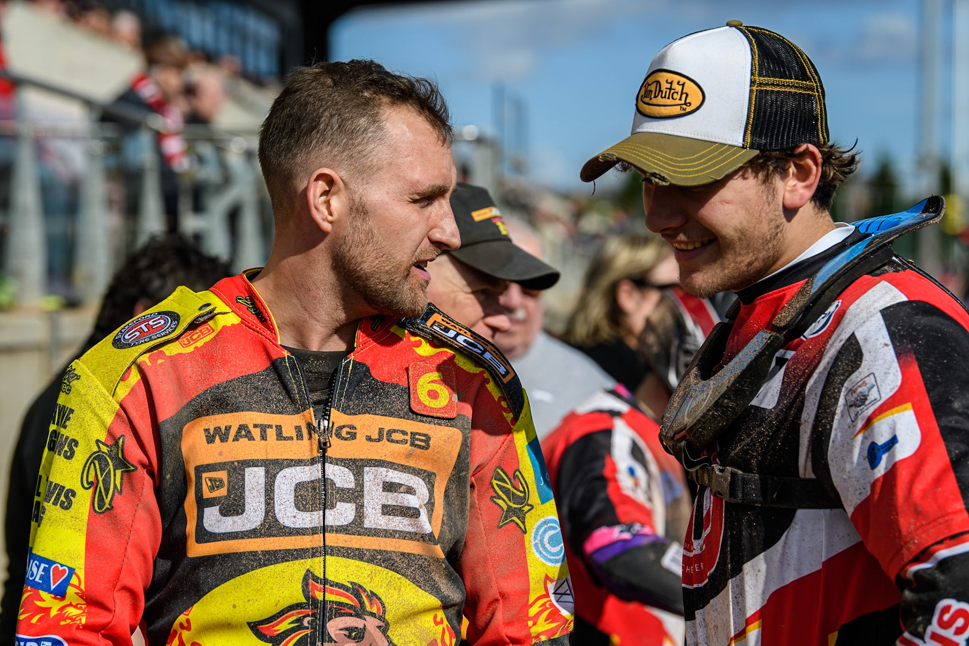 Leicester Lion Cubs' Luke Crang (Left) chats with Belle Vue Colts' Harry McGurk during the WSRA National Development League match between Belle Vue Colts and Leicester Lion Cubs at the National Speedway Stadium, Manchester on Friday 29th March 2024. (Photo: Ian Charles | MI News)