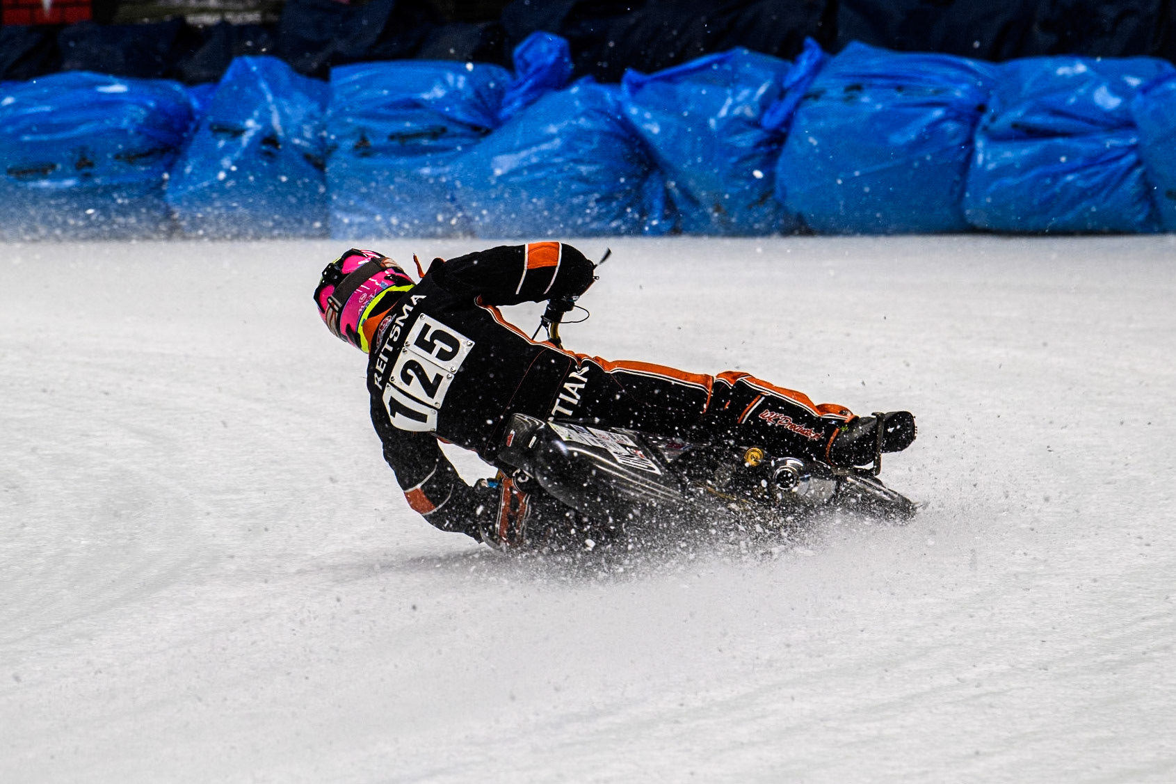 Sebastian Reitsma (125) of The Netherlands in action  during practice for  the Ice Speedway Gladiators World Championship Finals 1 &amp; 2 at Max-Aicher-Arena, Inzell on Friday 14th March 2025. (Photo: Ian Charles | MI News)