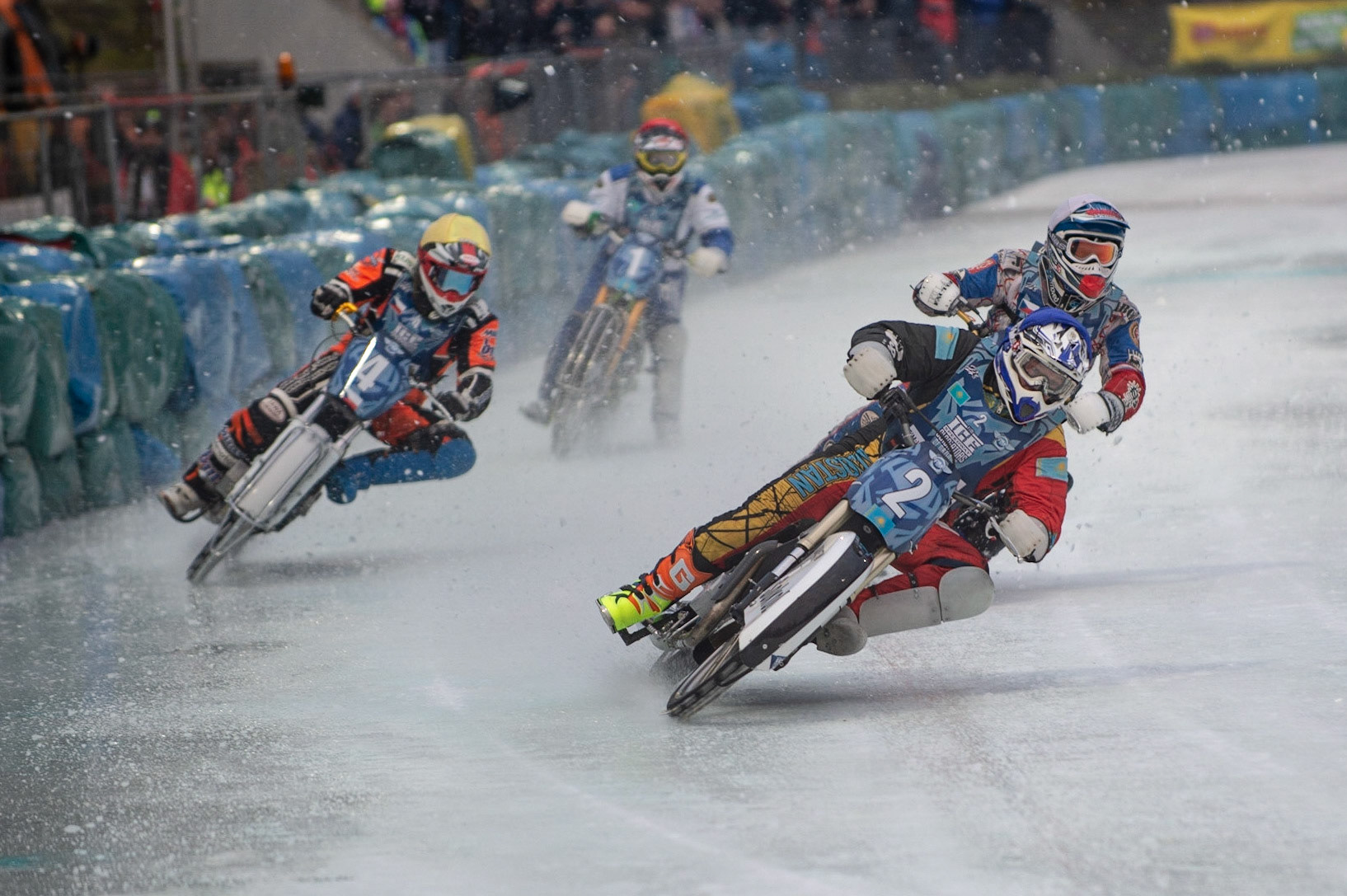 BERLIN GERMANY  - February 29  Vladimir Cheblokov (Blue) leads Lukas Hutla (Yellow) and Jan Klatovsky (White) with Pavel Nekrasov (Red) at the rear  during theIce Speedway of Nations (Day 1) at the Horst-Dohm-Eisstadion, Berlin,  on Saturday 29 February 2020. (Credit: Ian Charles | MI News)