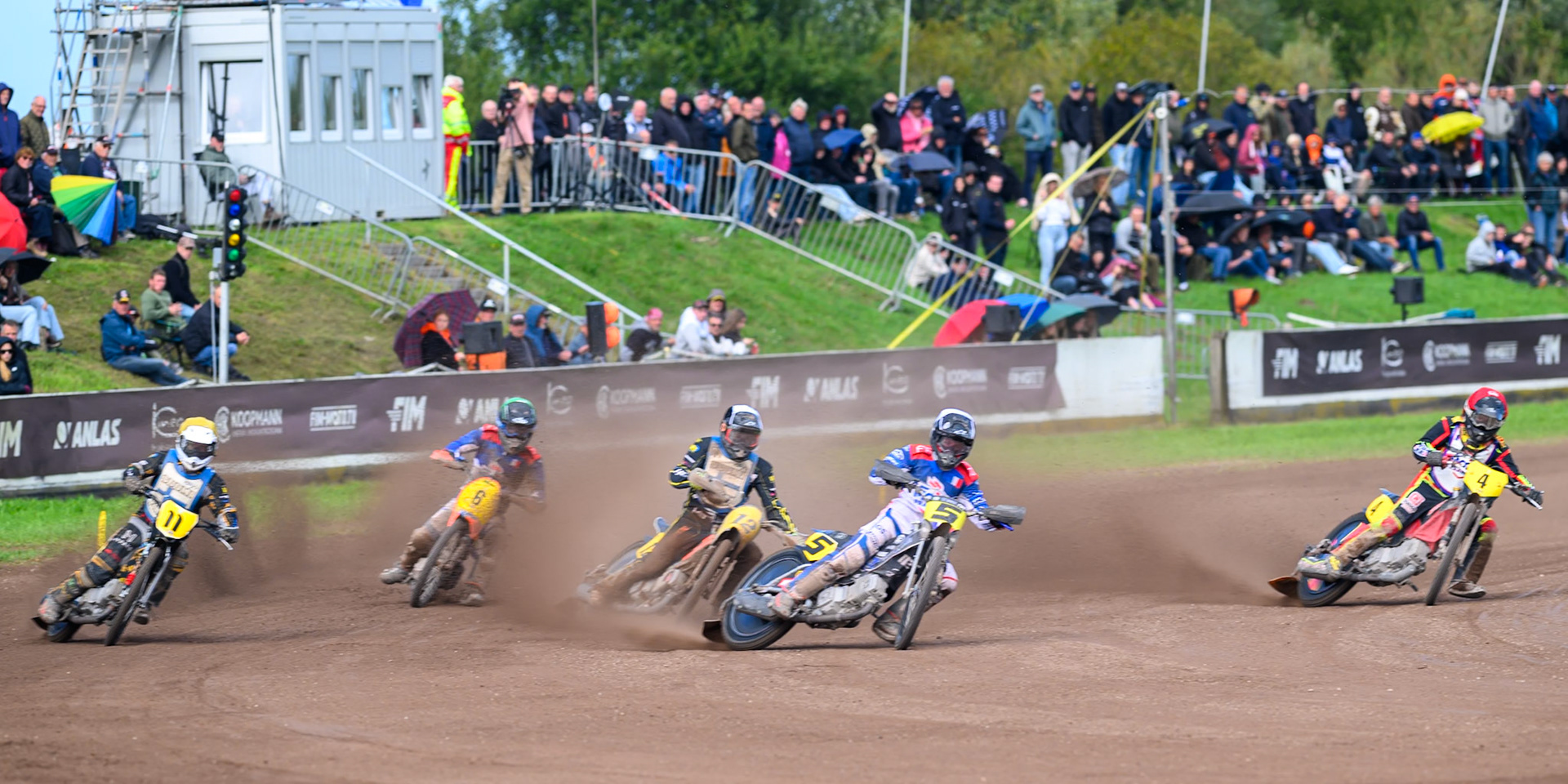 Tino Bouin (5) of France in White leading \Jesse Mustonen (11) of Finland in Yellow, Jordan Dubernard (6) of France in Green , Ossi Rantala (12) of Finland in Black &amp; White  and Mathias Tresarrieu (4) of France in Red during the FIM Long Track of Nations 2026 at the Speed Centre Roden in the Netherlands on Sunday 20th September 2026. (Photo: Ian Charles | MI News)