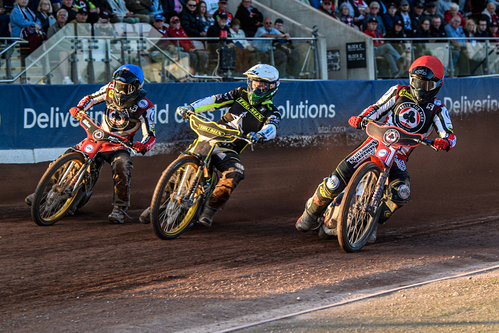 Brady Kurtz (Red) inside Jason Doyle (White) and Norick Blodorn (Blue) during the Sports Insure Premiership match between Belle Vue Aces and Ipswich Witches at the National Speedway Stadium, Manchester on Monday 5th June 2023. (Photo: Ian Charles | MI News)