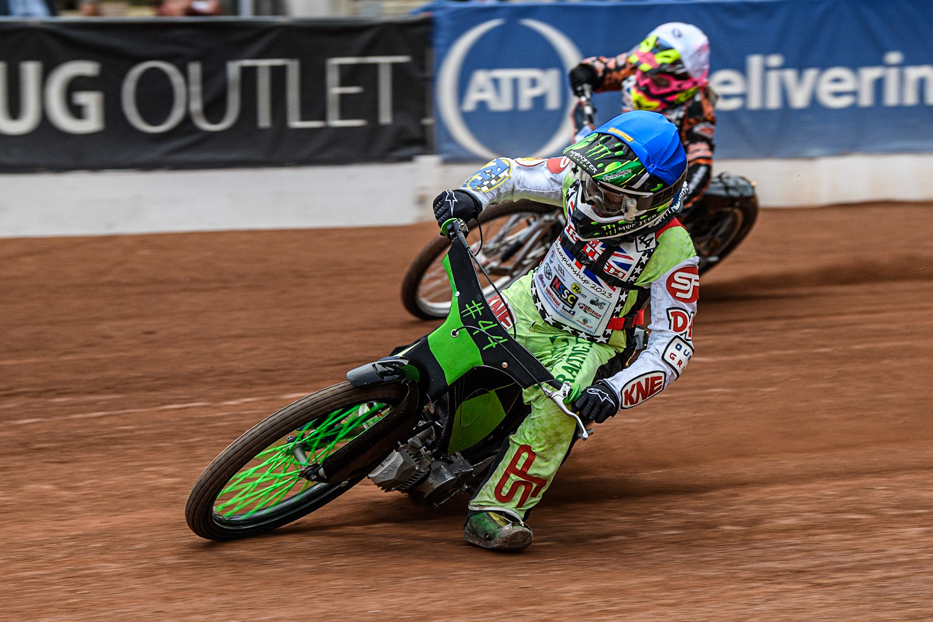 Charlie Southwick  (Blue) inside Liam Morris (White) during the British Youth Championships at the National Speedway Stadium, Manchester on Friday 12th May 2023. (Photo: Ian Charles | MI News)