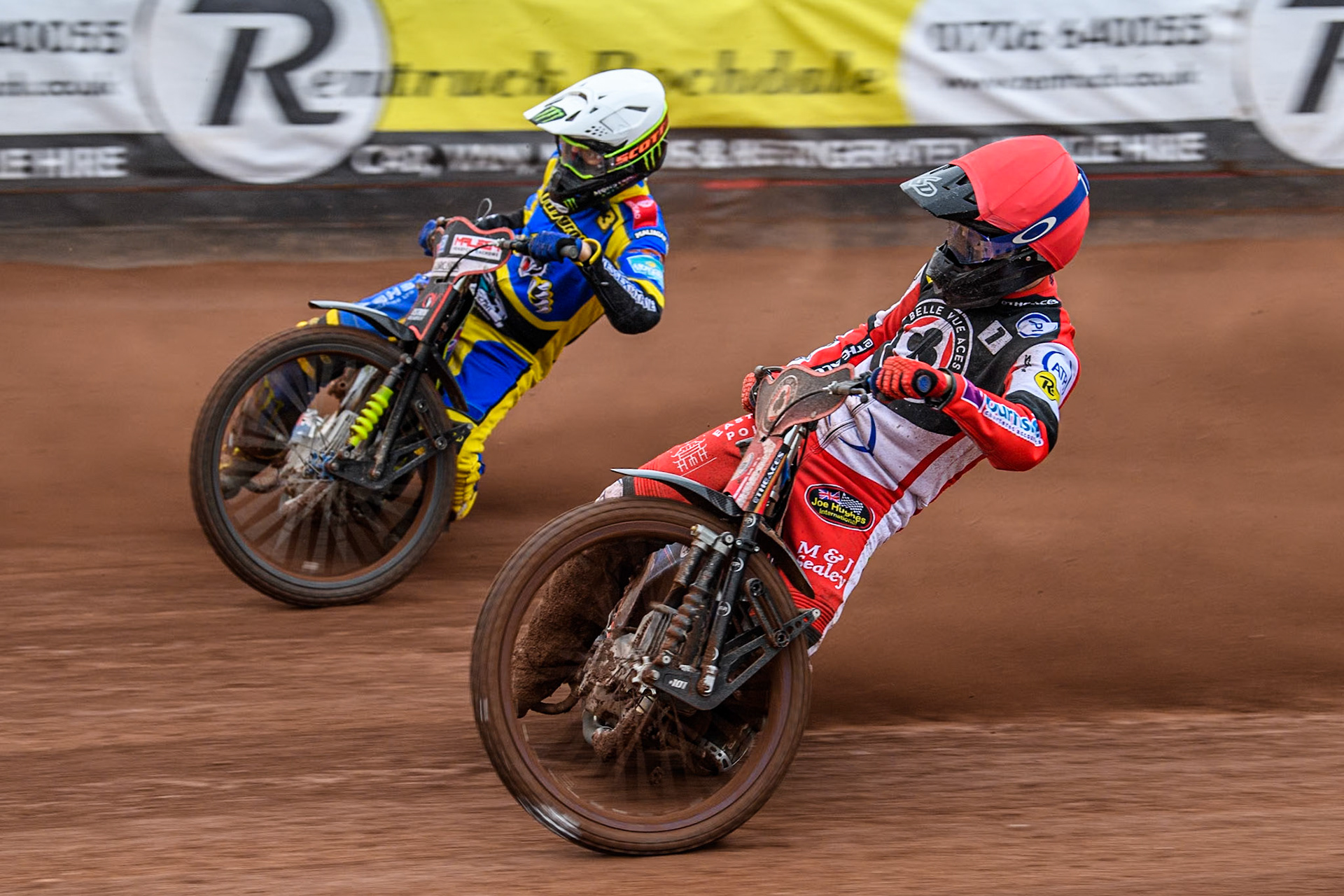 Belle Vue ATPI Aces Brady Kurtz (Red) inside Sheffield Tigers' Chris Holder (White) during the Rowe Motor Oil Premiership KO Cup Quarter Final 1st Leg between Belle Vue Aces and Sheffield Tigers at the National Speedway Stadium, Manchester on Monday 1st April 2024. (Photo: Ian Charles | MI News)