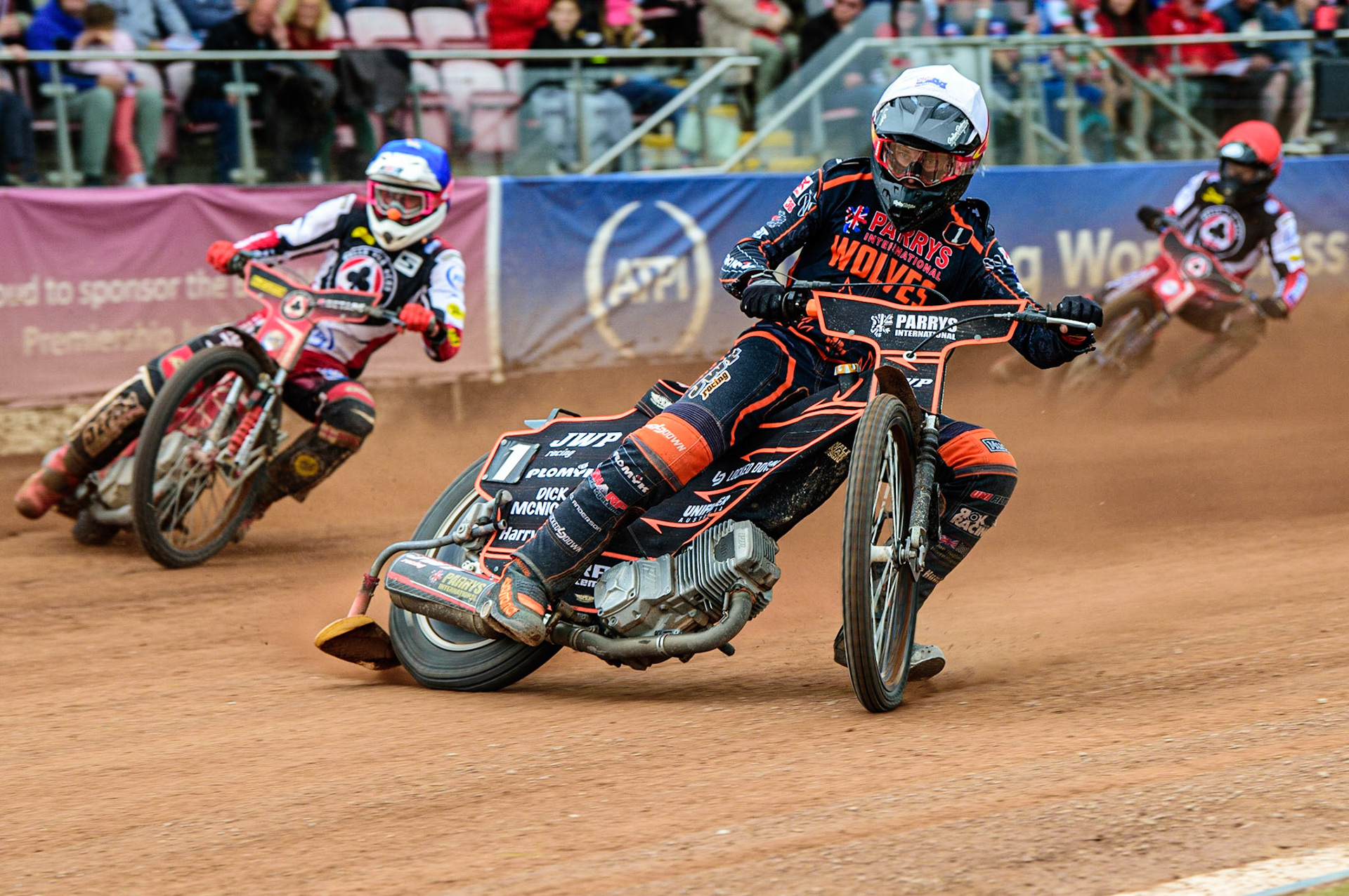 Sam Masters  (White) leads Max Fricke  (Blue)  and Brady Kurtz  (Red)during the SGB Premiership match between Belle Vue Aces and Wolverhampton Wolves at the National Speedway Stadium, Manchester on Monday 29th August 2022. (Credit: Ian Charles | MI News)