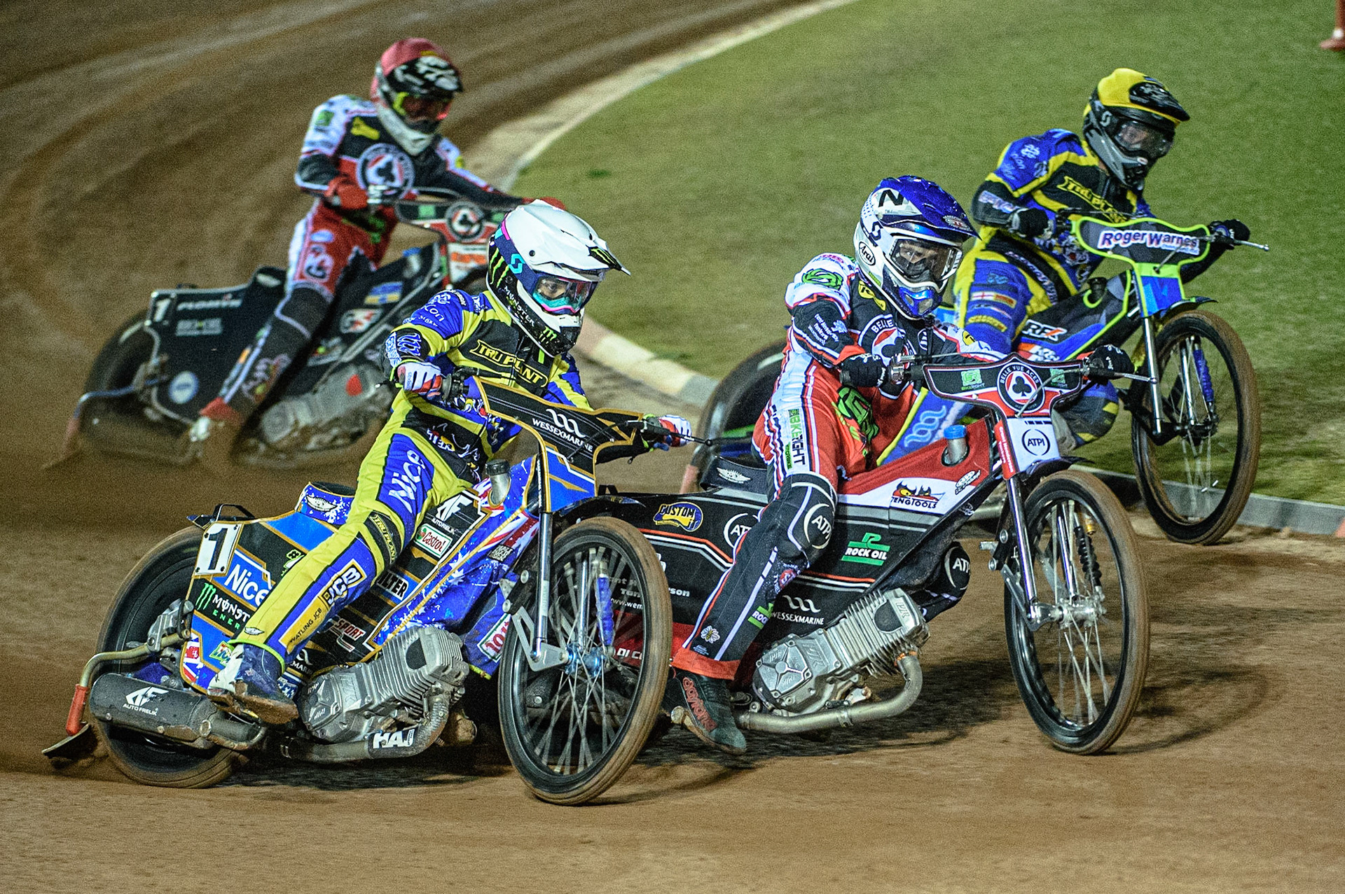 MANCHESTER, UK. OCT 7TH  Richie Worrall  (Blue) splits Jack Holder  (White) and Troy Batchelor  (Yellow) with Dan Bewley  (Red) behind during the SGB Premiership Play off Semi-Final Second Leg between Belle Vue Aces and Sheffield Tigers at the National Speedway Stadium, Manchester on Thursday 7th October 2021. (Credit: Ian Charles | MI News)