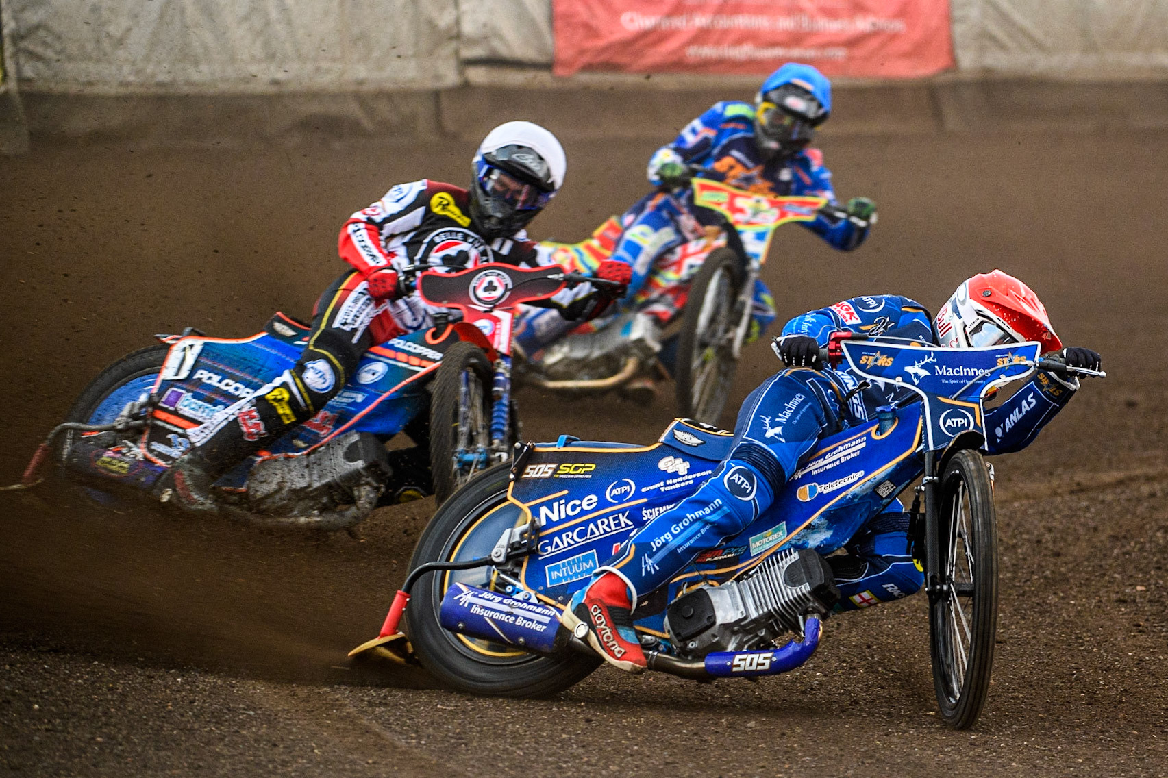 Robert Lambert  (Red) leads  Brady Kurtz  (White) and Simon Lambert  (Blue) during the Sports Insure Premiership match between King's Lynn Stars and Belle Vue Aces at the Adrian Flux Arena, King's Lynn on Thursday 24th August 2023. (Photo: Ian Charles | MI News)