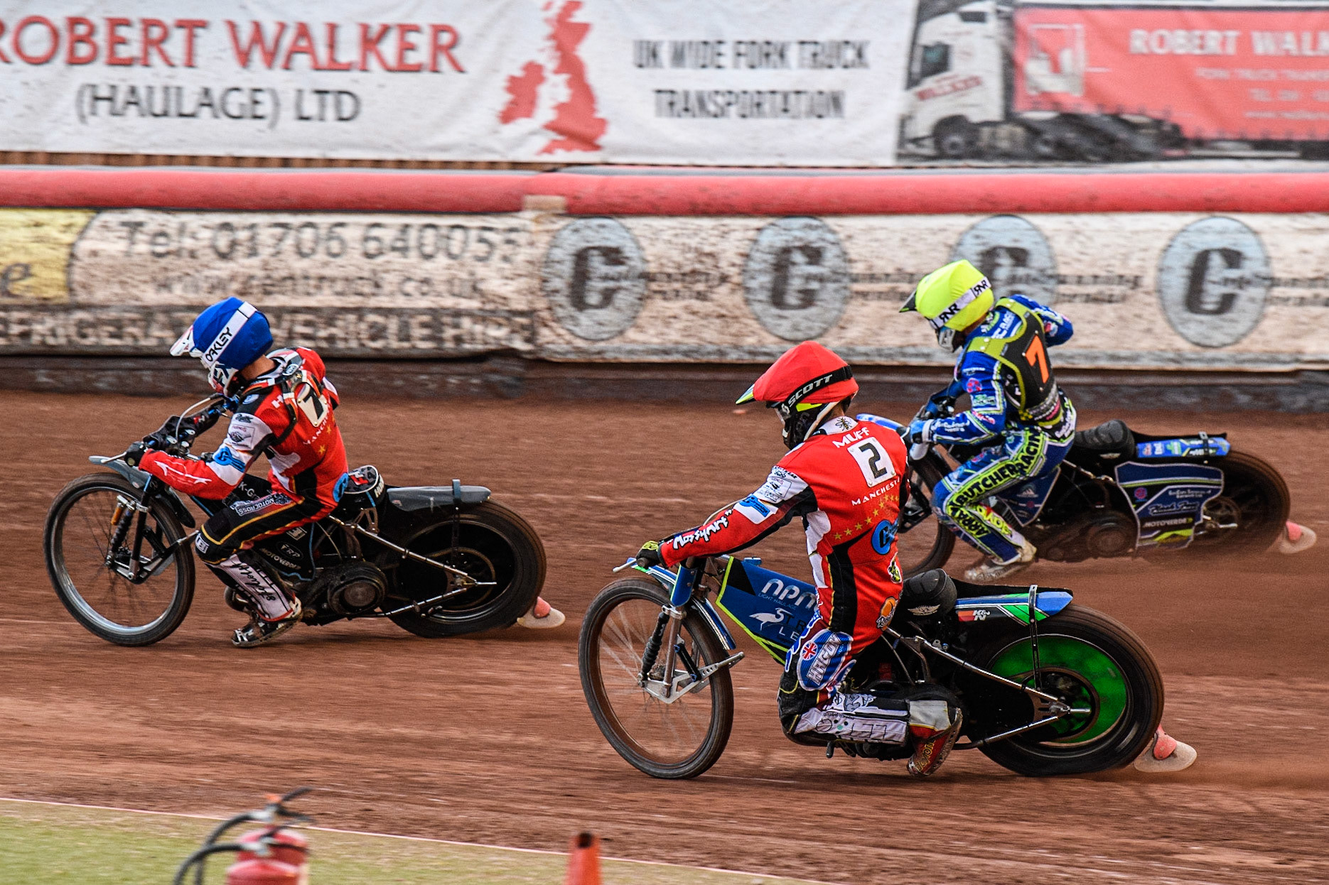 Freddy Hodder (Blue) leads Luke Muff (Red) and Arran Butcher (Yellow) during the National Development League match between Belle Vue Colts and Mildenhall Fens Tigers at the National Speedway Stadium, Manchester on Friday 26th May 2023. (Photo: Ian Charles | MI News)