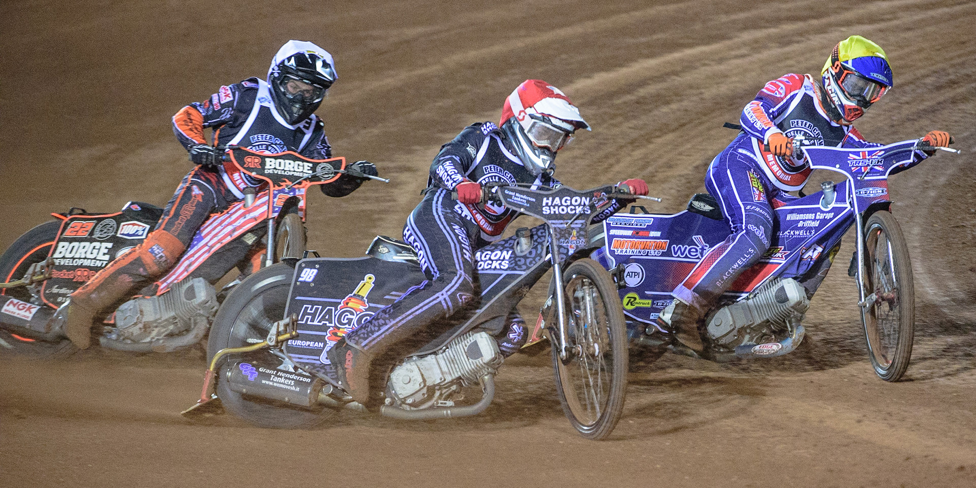 MANCHESTER, UK. OCT 23RD  Broc Nicol  (Red) leads Jordan Palin  (Yellow) and Luke Becker  (White) during the Peter Craven Memorial Trophy event at the National Speedway Stadium, Manchester on Saturday 23rd October 2021. (Credit: Ian Charles | MI News)