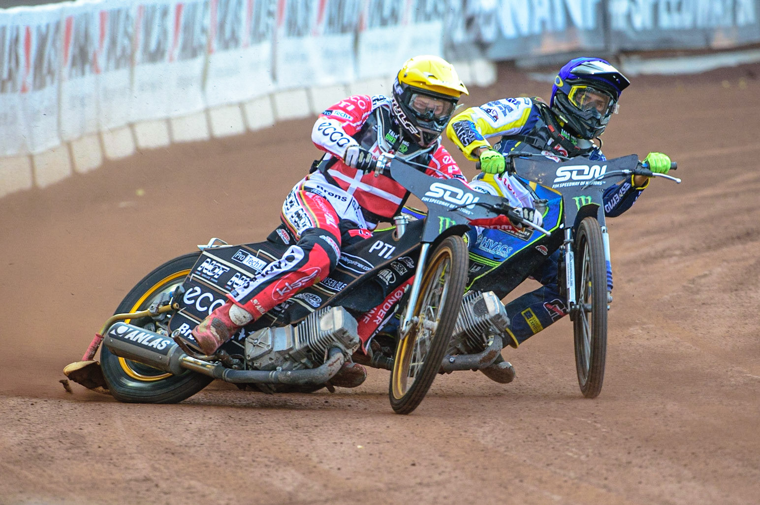 MANCHESTER, UK. OCT 16TH Mads Hansen of Denmark (Yellow) battles with Philip Hellström-Bangs of Sweden(Blue) during the Monster Energy FIM Speedway of Nations at the National Speedway Stadium, Manchester on Saturday  16th October 2021. (Credit: Ian Charles | MI News)