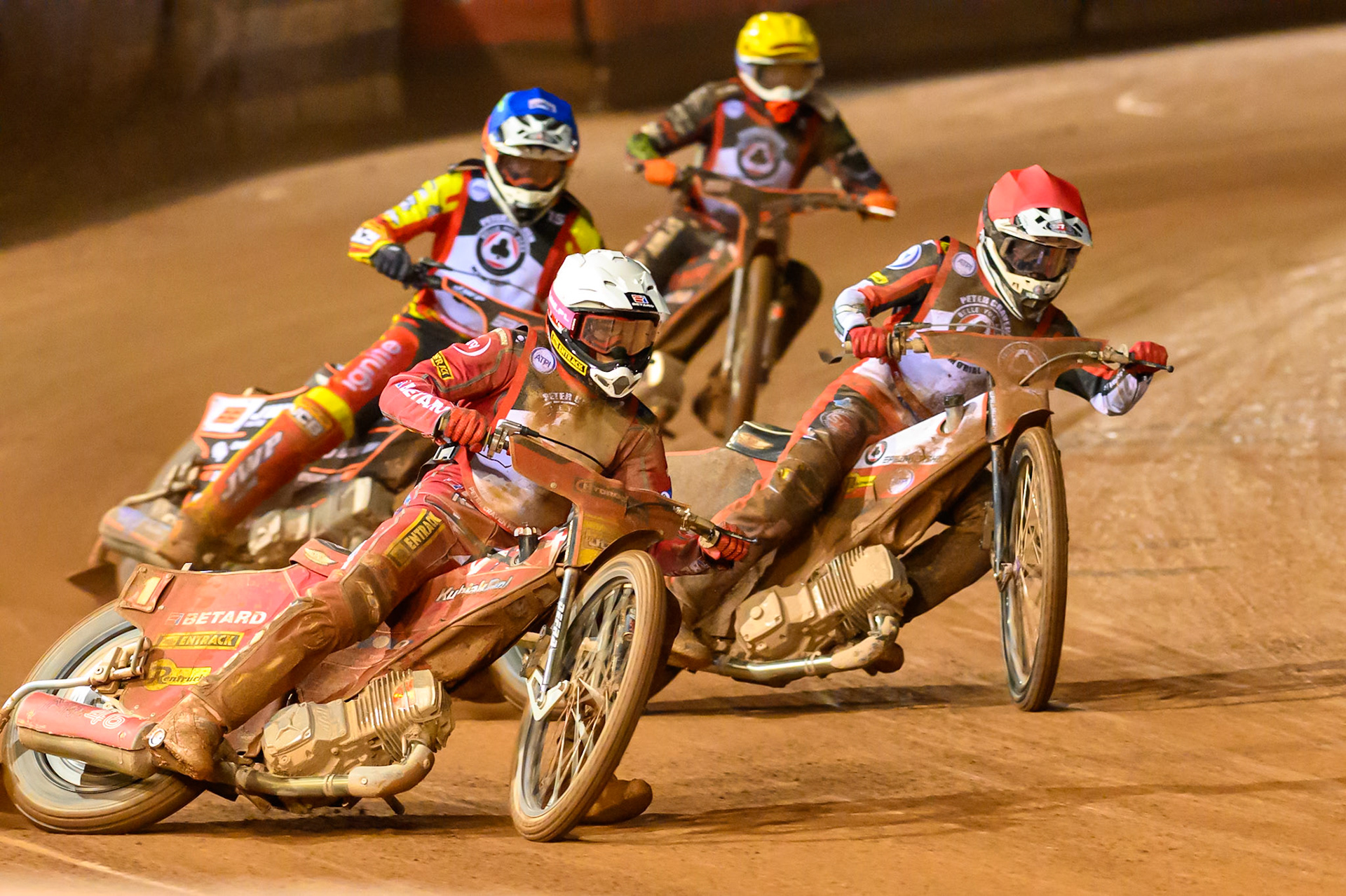 Max Fricke in White leading Zach Cook in Red, Sam Masters in Blue and Jan Kvech  in Yellow during the Peter Craven Memorial Trophy at the National Speedway Stadium, Manchester, on Monday 16th March 2026. (Photo: Ian Charles | MI News)
